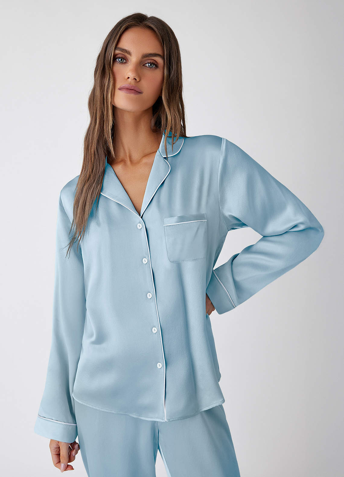 front 100% Washable silk Long Sleeve Pajama Set