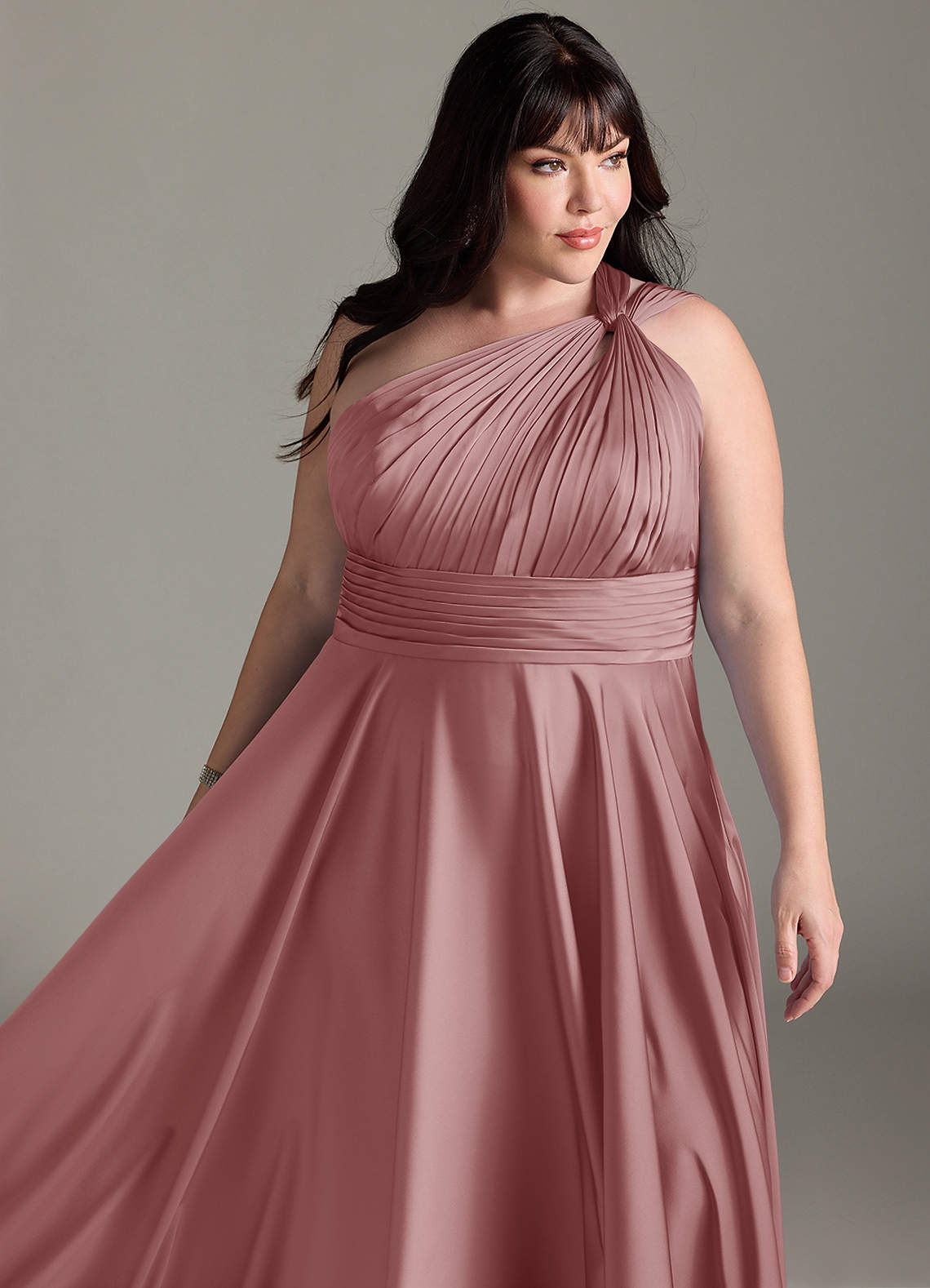Azazie Charlize Bridesmaid Dresses Dusty Rose A-Line One Shoulder Stretch Satin Dress image14