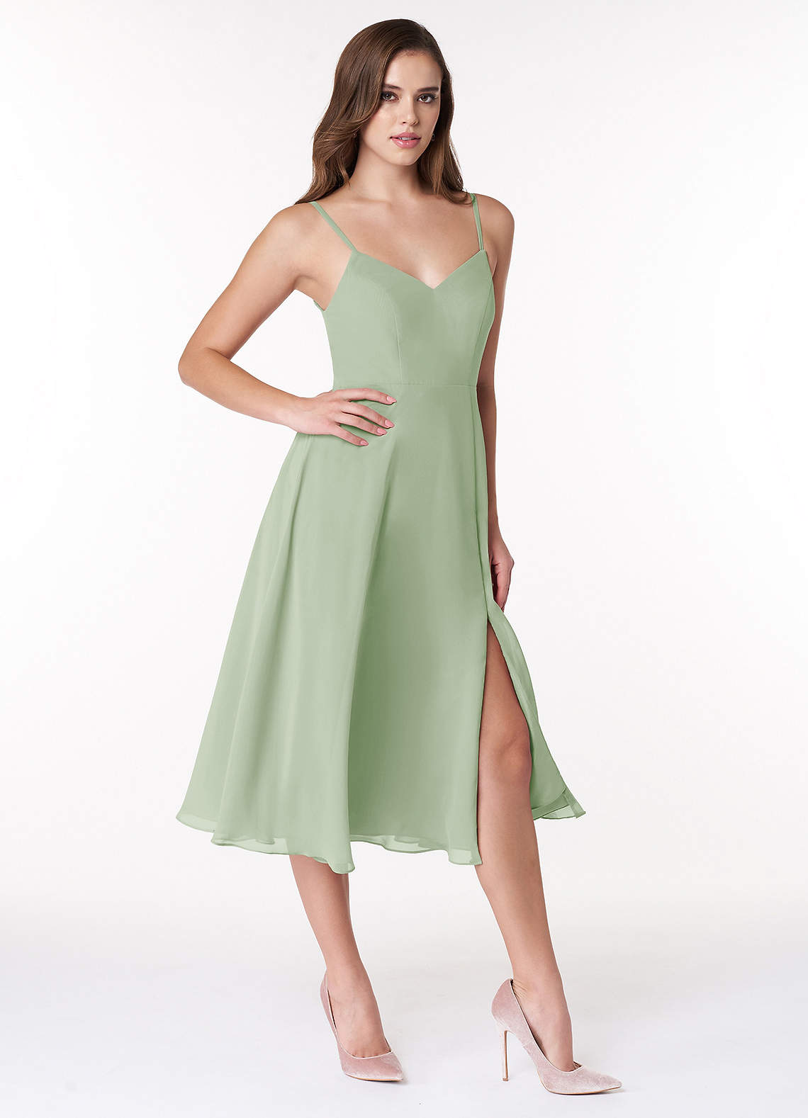 Azazie Clarissa Bridesmaid Dresses Dusty Sage A-Line V-Neck Chiffon Dress image2