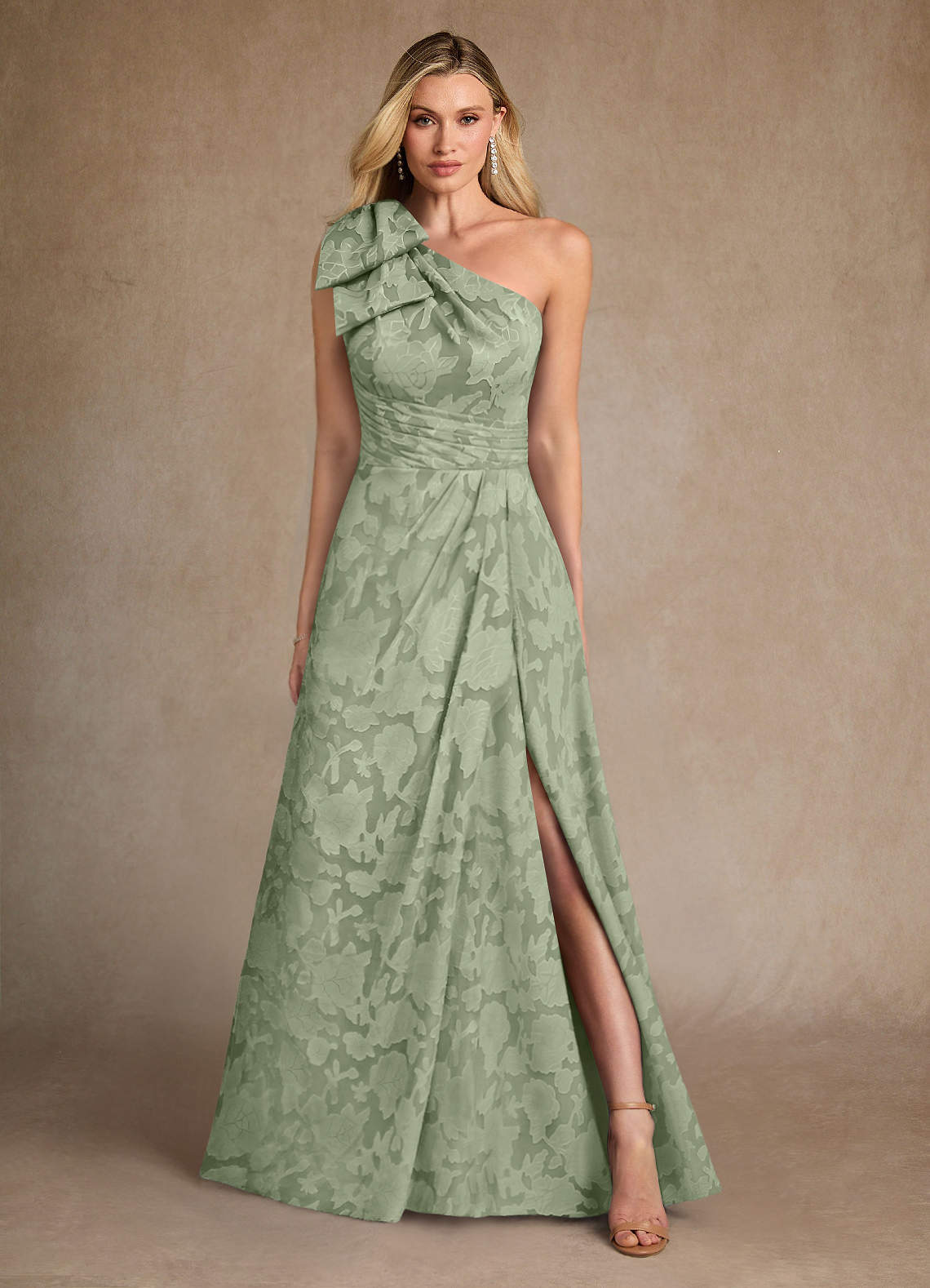 Azazie Easton Mother of the Bride Dresses Dusty Sage Ball-Gown One Shoulder Floral Burnout Dress image1