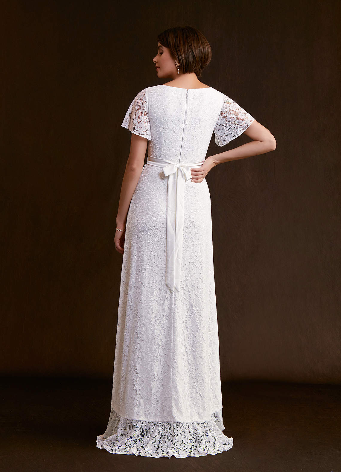 White Lace Floor Length Dress Sheer-Bodice Long White Lace Formal Dress  PromGirl