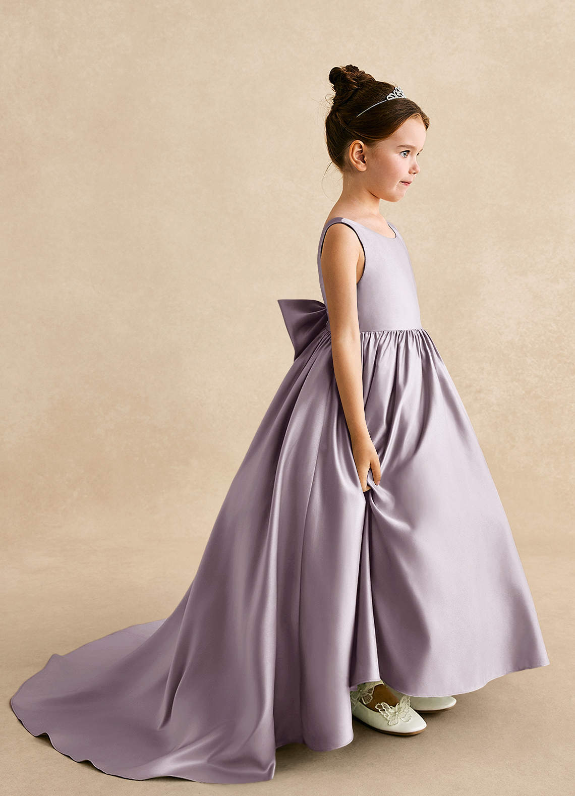 Azazie Mimia Flower Girl Dresses Dusk A-Line Bow Matte Satin Dress image1
