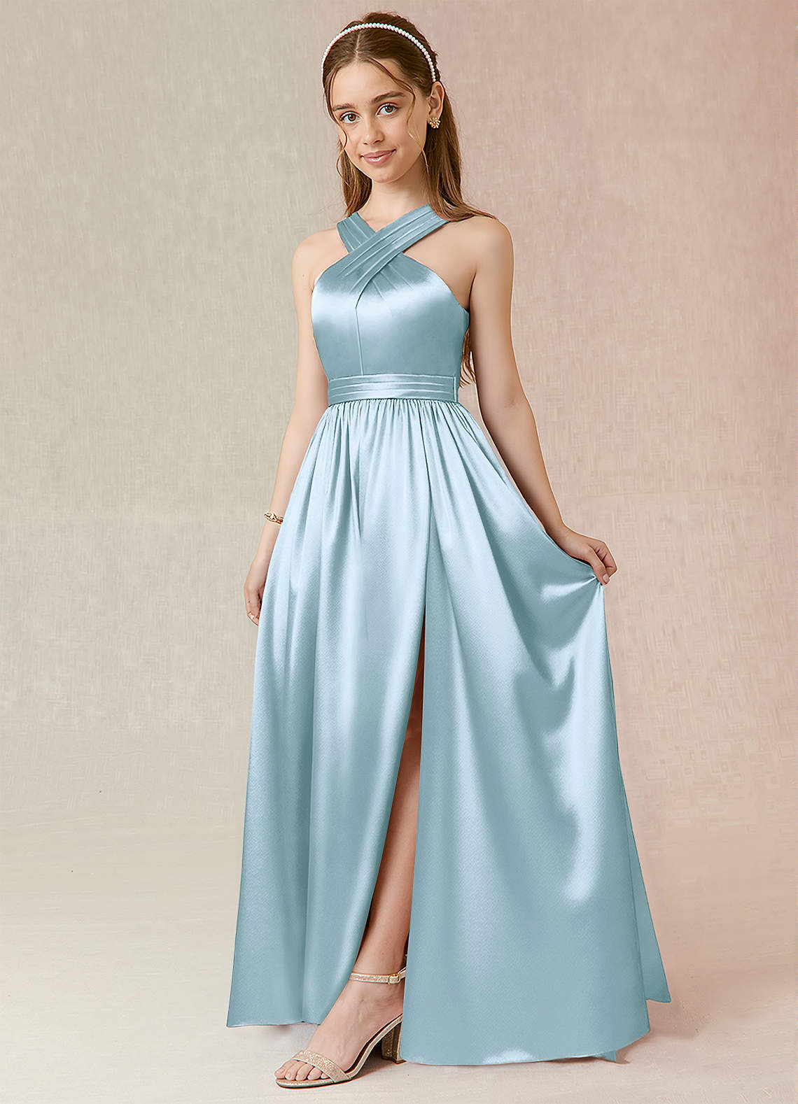 Azazie Jiya Junior A-Linie Plissee Metallischer Satin Kleid Himmelblau image1