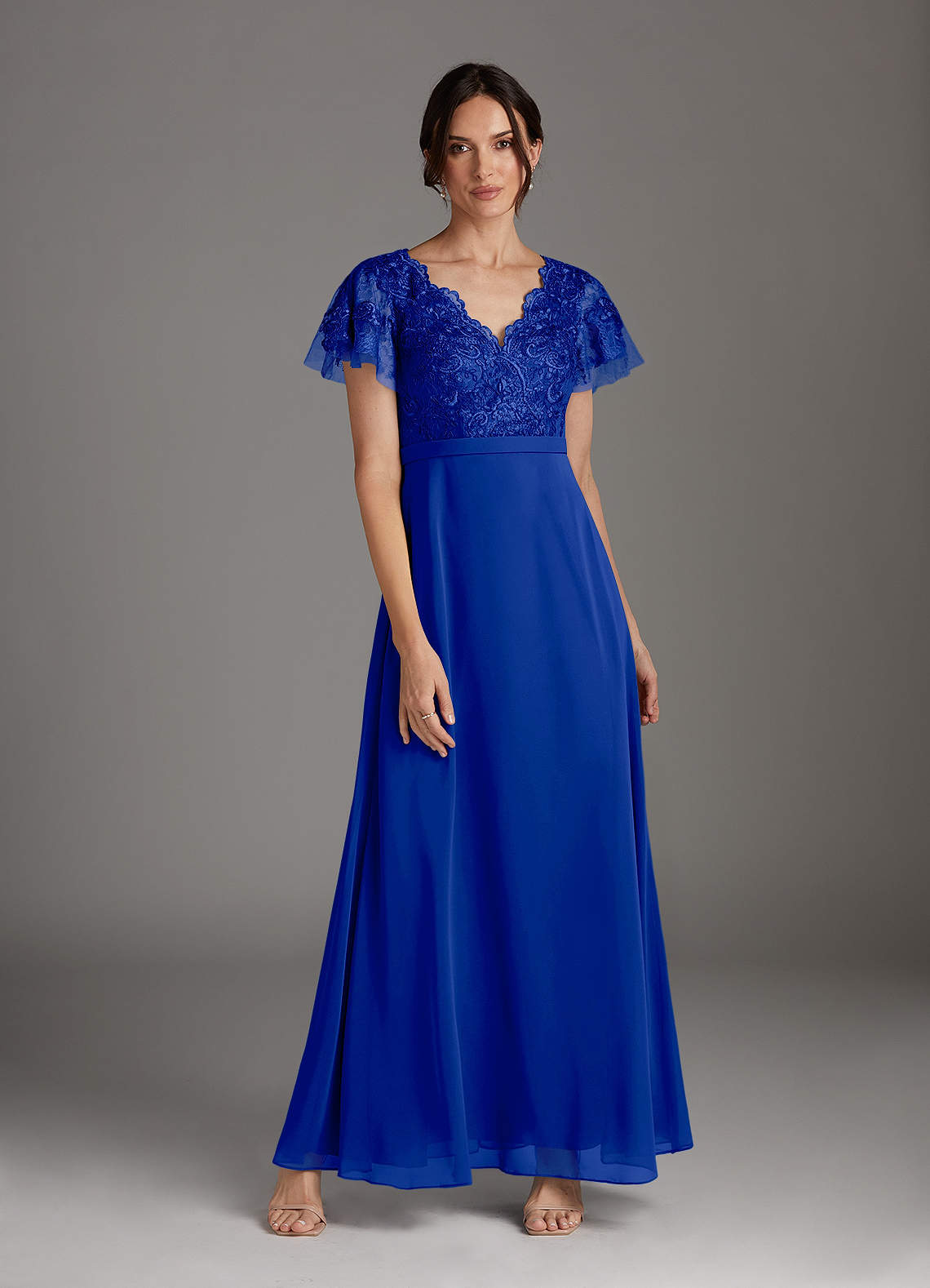 Azazie Singer Royal Blue A-Line V-Neck Lace Chiffon Dress | Azazie