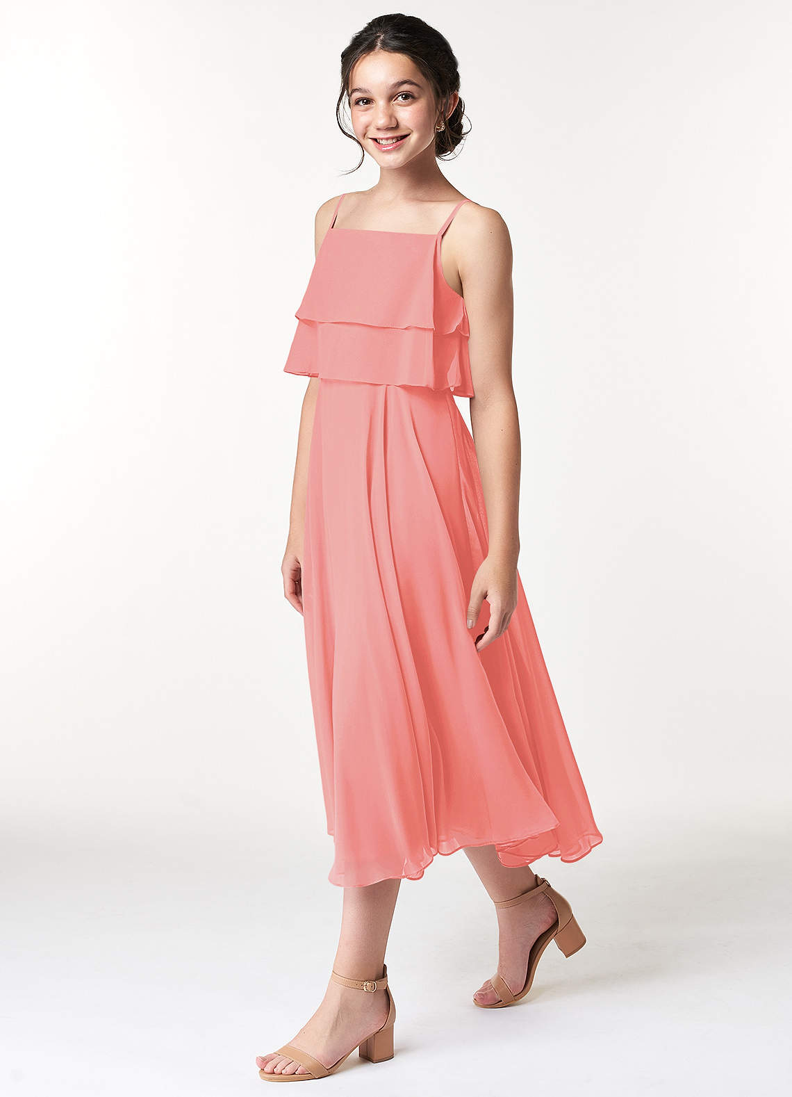 Azazie Ensley Junior Vestido Coral de Chiffon de Linha A com Plissado image2