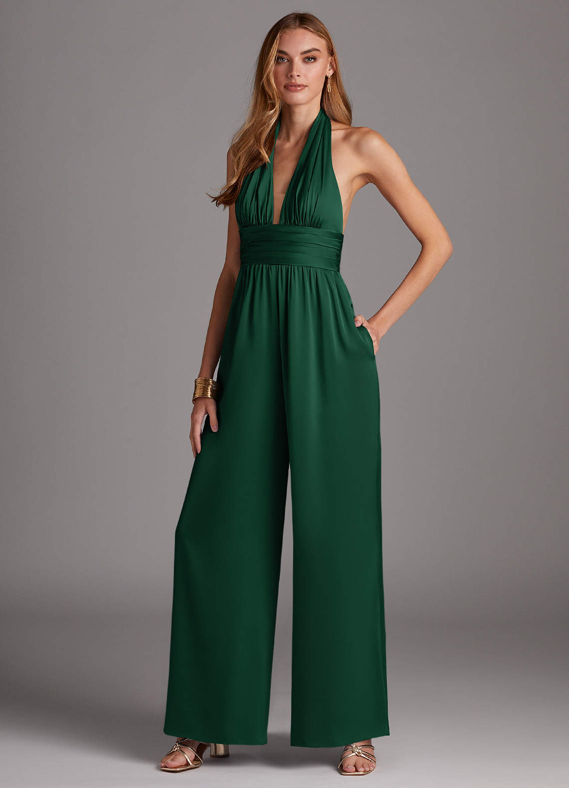 Hilton セットアップ size13 L〜XL Azazie Oli Stretch Satin Jumpsuit Ready to Ship Dark Green