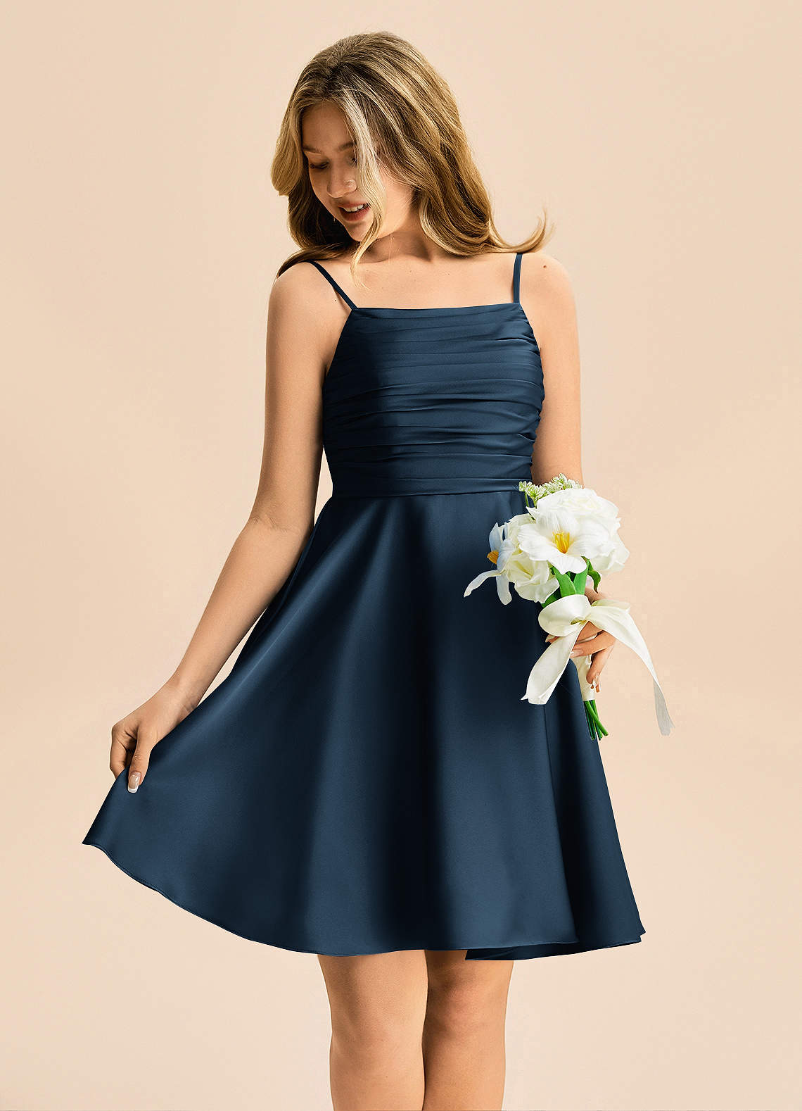 Azazie Miko Junior Dark Navy A-Line Pleated Stretch Satin Dress image3