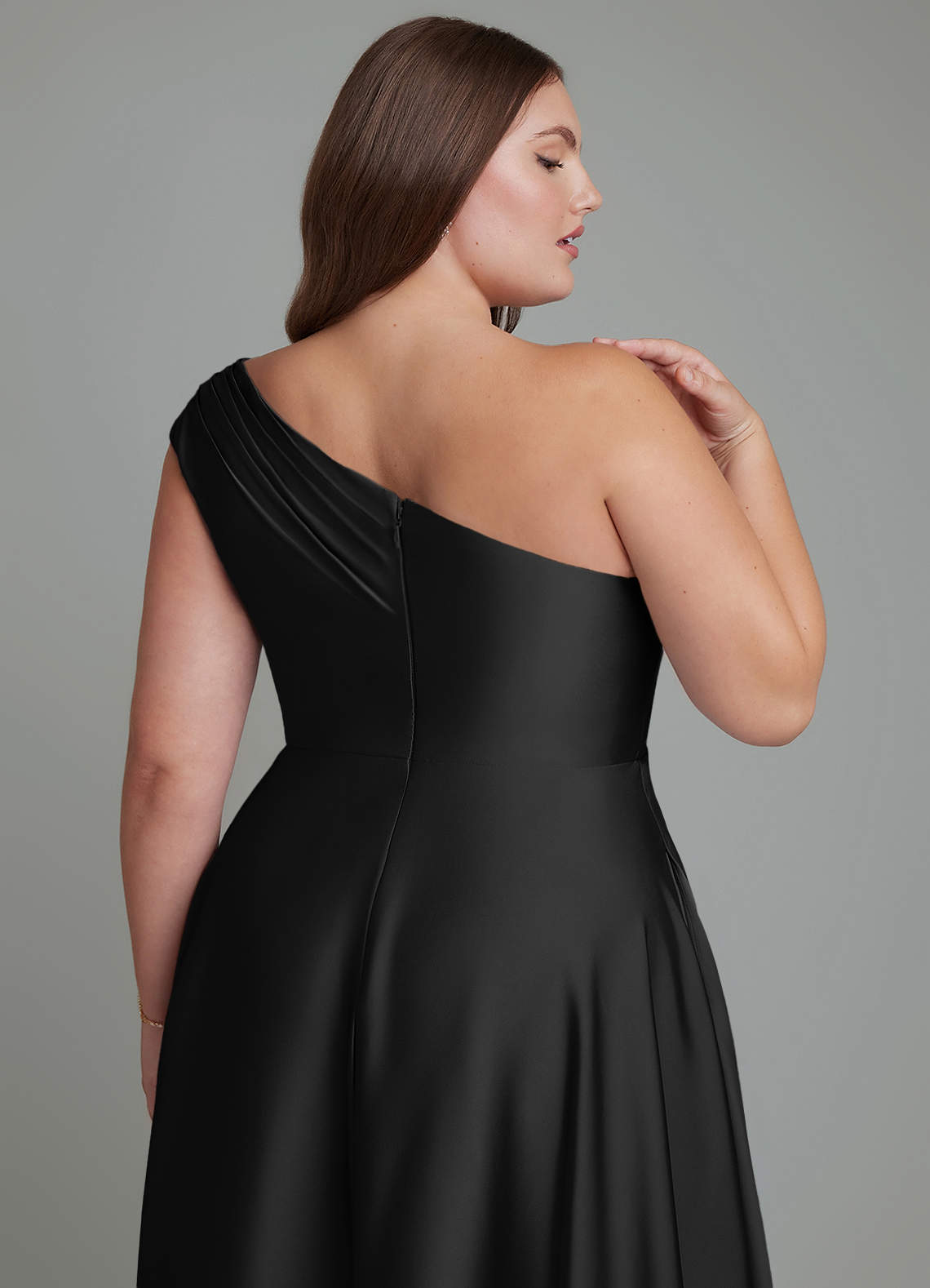 Azazie Melanie Bridesmaid Dresses Black A-Line Off the Shoulder Stretch Satin Dress image12