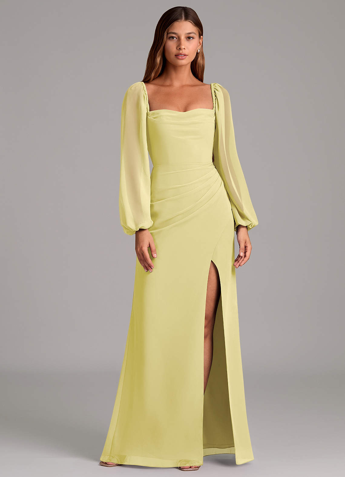 Azazie Brixley Jurken voor bruidsmeisjes Jurk van Chiffon met Zeemeermin Lange mouw Citroensorbet image1