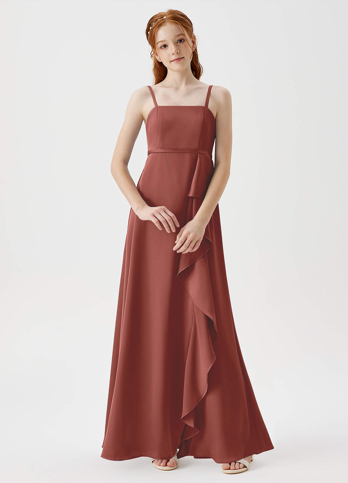 Azazie Kaylee Junior Auburn A-Line with Belt Stretch Satin Dress image1
