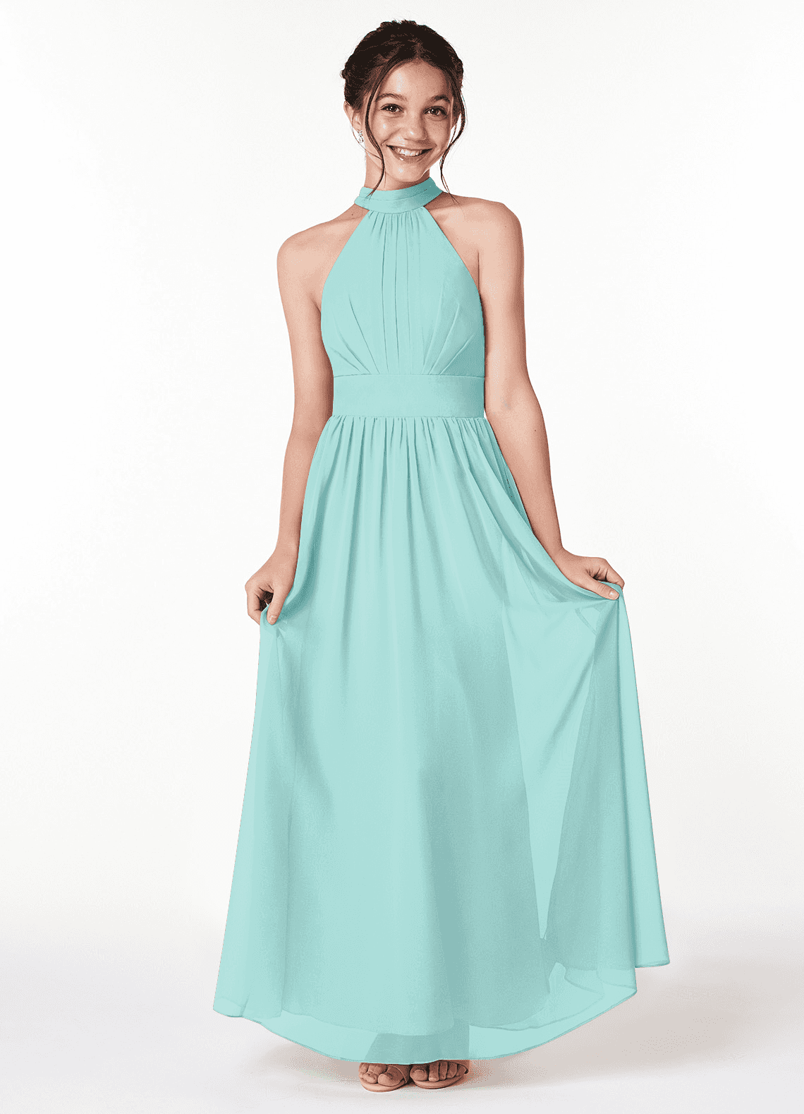 Azazie Iman Junior Aqua A-Line Pleated Chiffon Dress image1