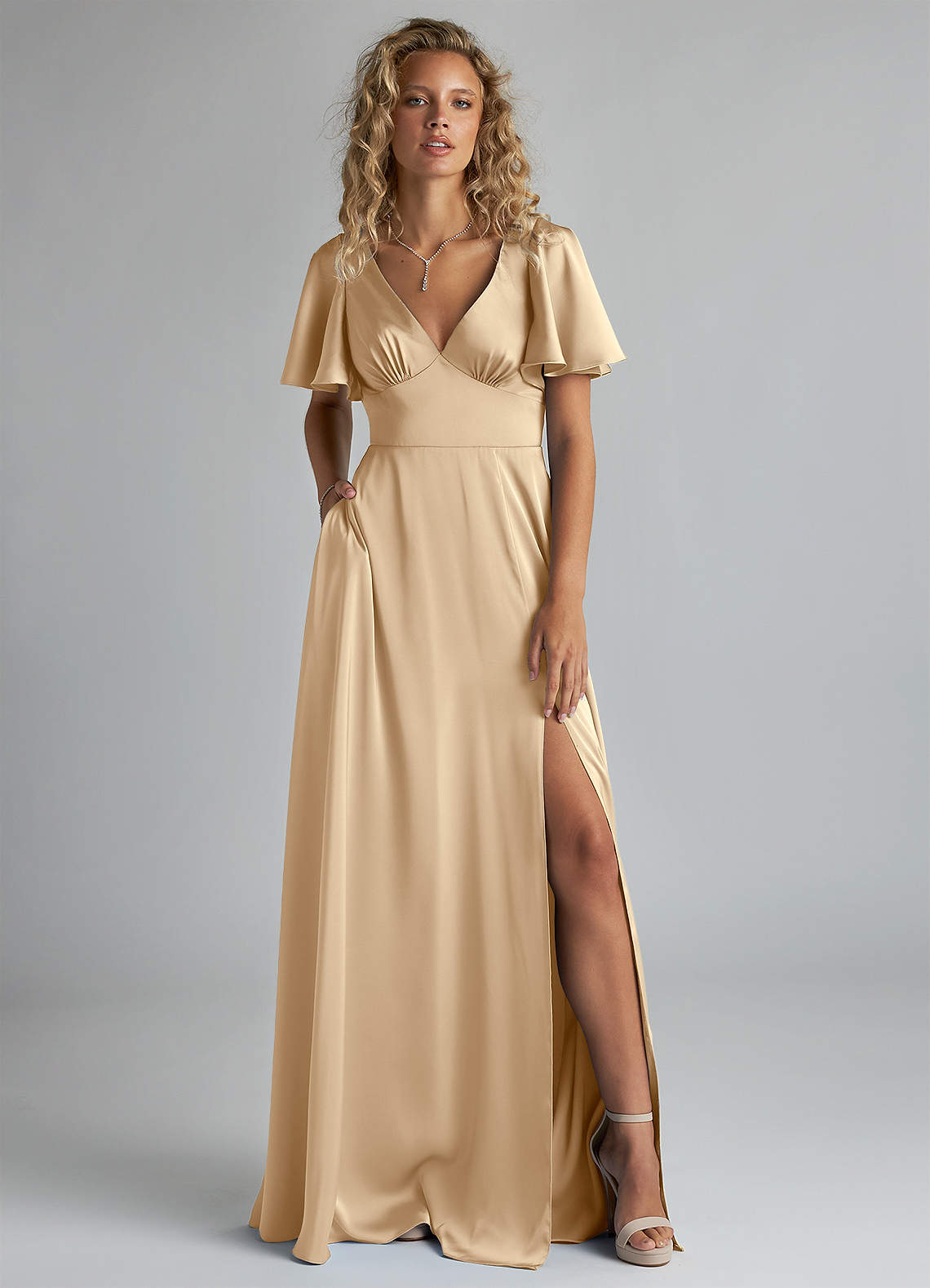 Azazie Kimber Brudtärnklänningar Klänning av A-Line i Stretch Satin Ruched Champagne image1