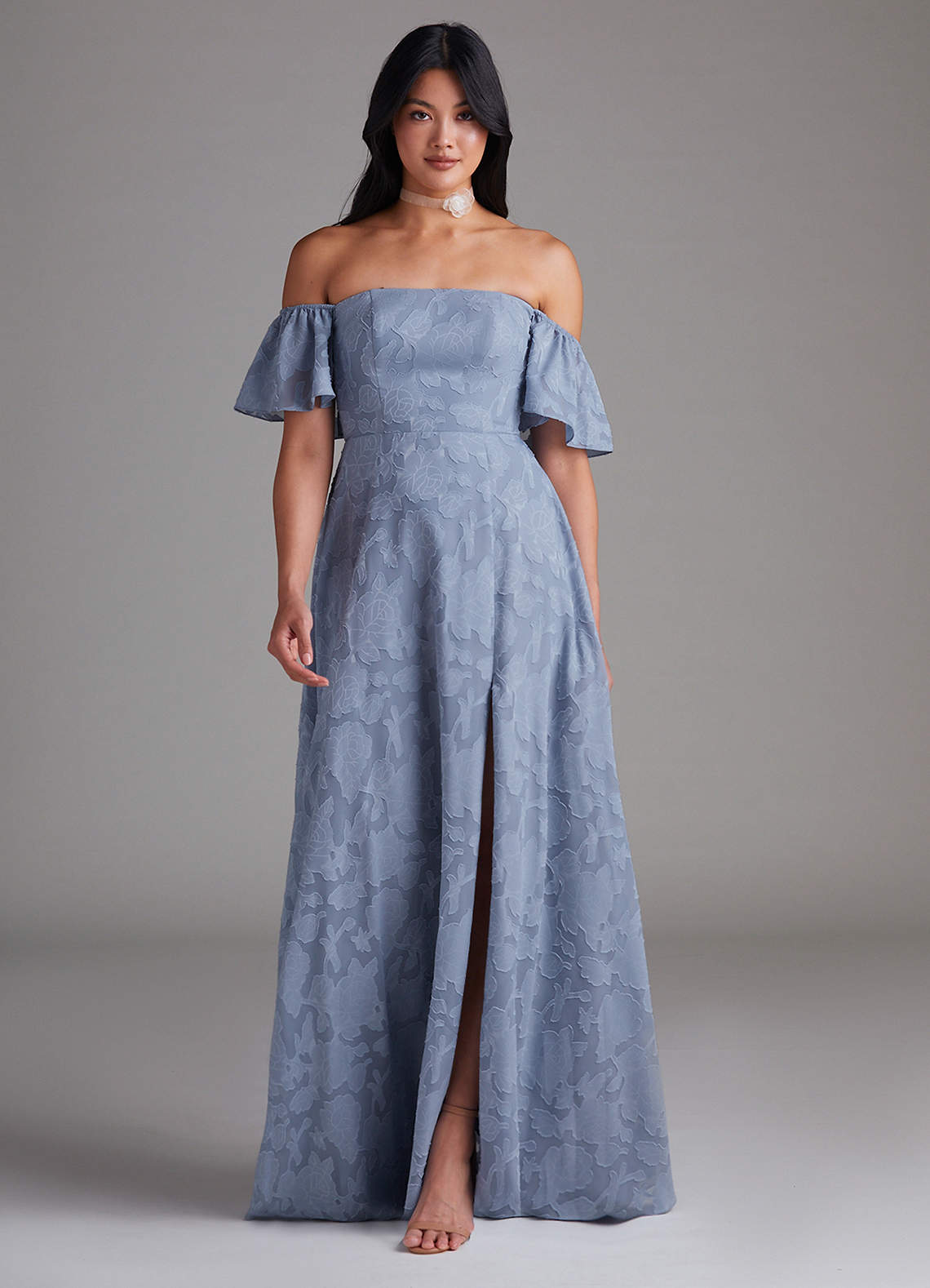 dusty blue off the shoulder bridesmaid dress Long Off Shoulder Tulle Bridesmaid Dress in Sky Gray TBQP328