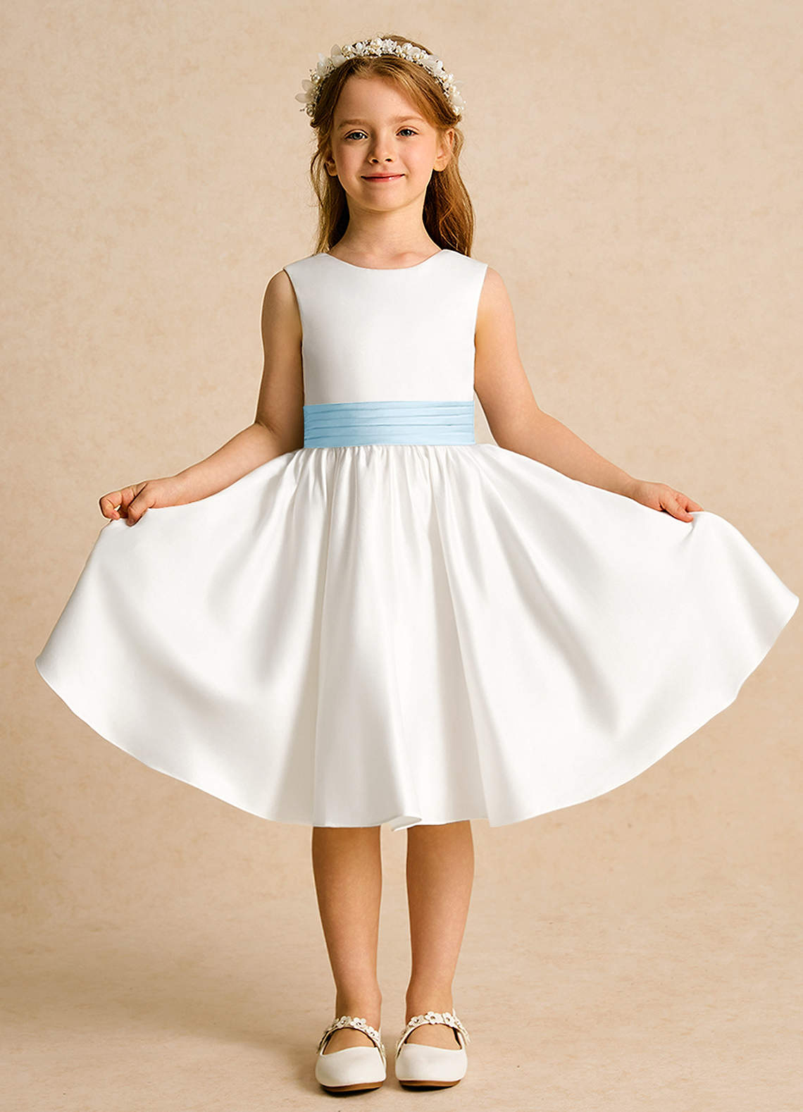 Azazie Sosie Flower Girl Dresses Ivory Sky Blue A-Line Pleated Matte Satin Dress image1