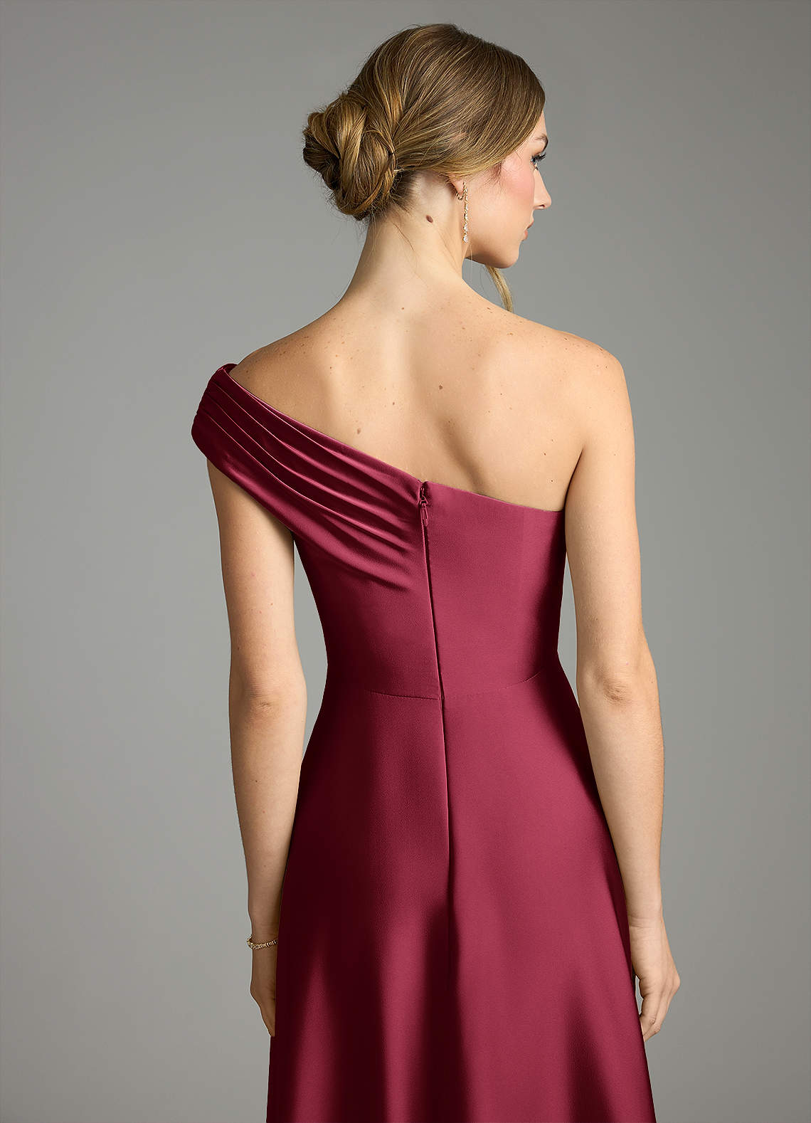 Azazie Melanie Bridesmaid Dresses Burgundy A-Line Off the Shoulder Stretch Satin Dress image1