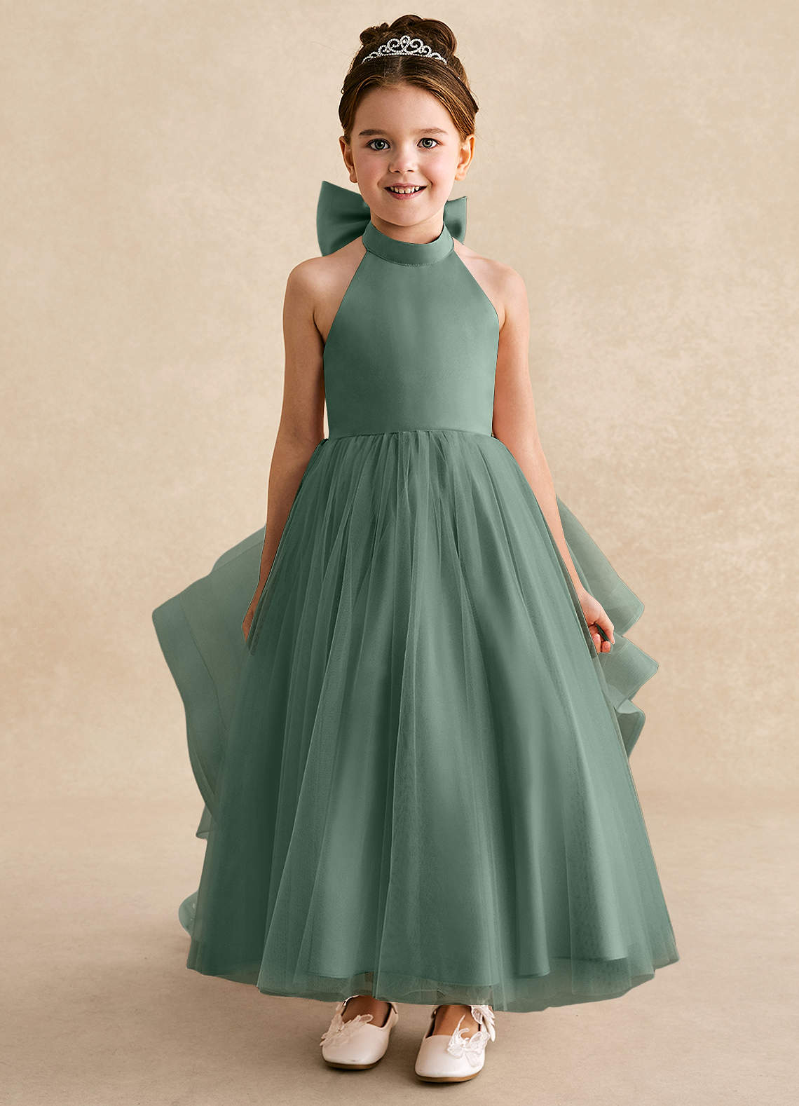 Azazie Bev Flower Girl Dresses Eucalyptus A-Line Convertible Tulle Dress image2