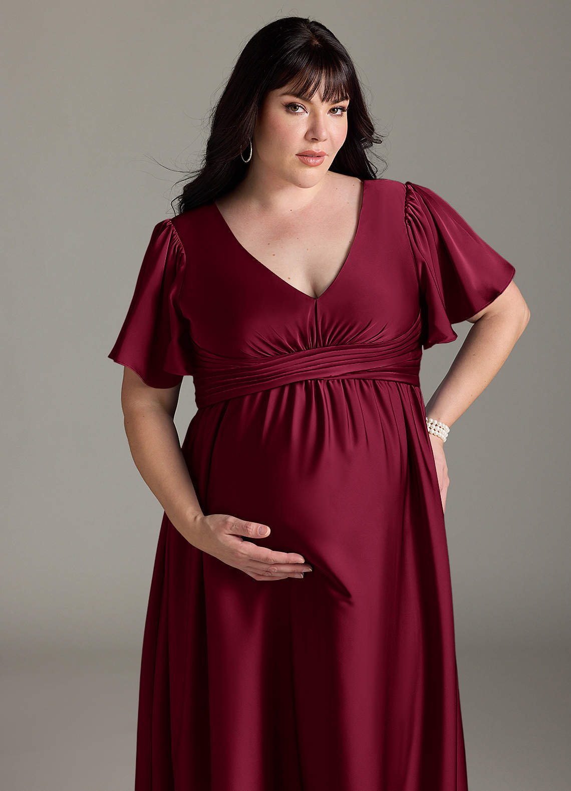 Azazie Verna vestidos de dama de honor de maternidad Vestido de Corte En A Volante Hasta el suelo Satén Elástico image14