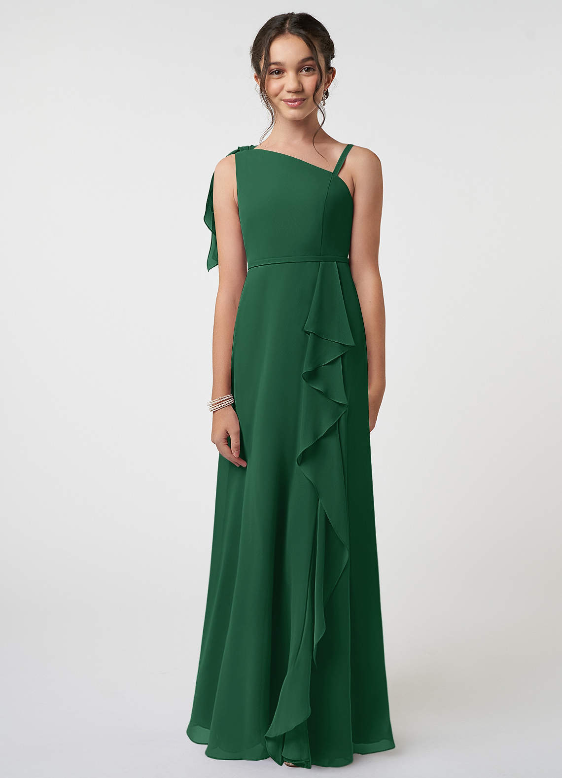 Azazie Aidy Vestido de Verde Oscuro de Gasa/ Chiffon de Acampanado con Lazo image1