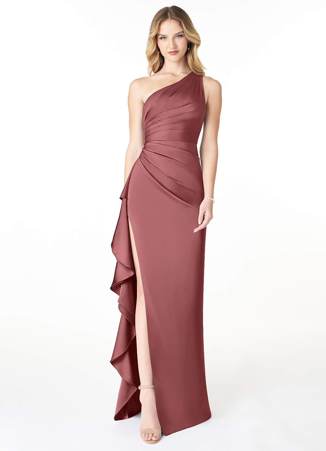 Azazie Latrice Bridesmaid Dresses Amethyst Sheath One Shoulder Cascading Ruffles Stretch Satin Dress image1