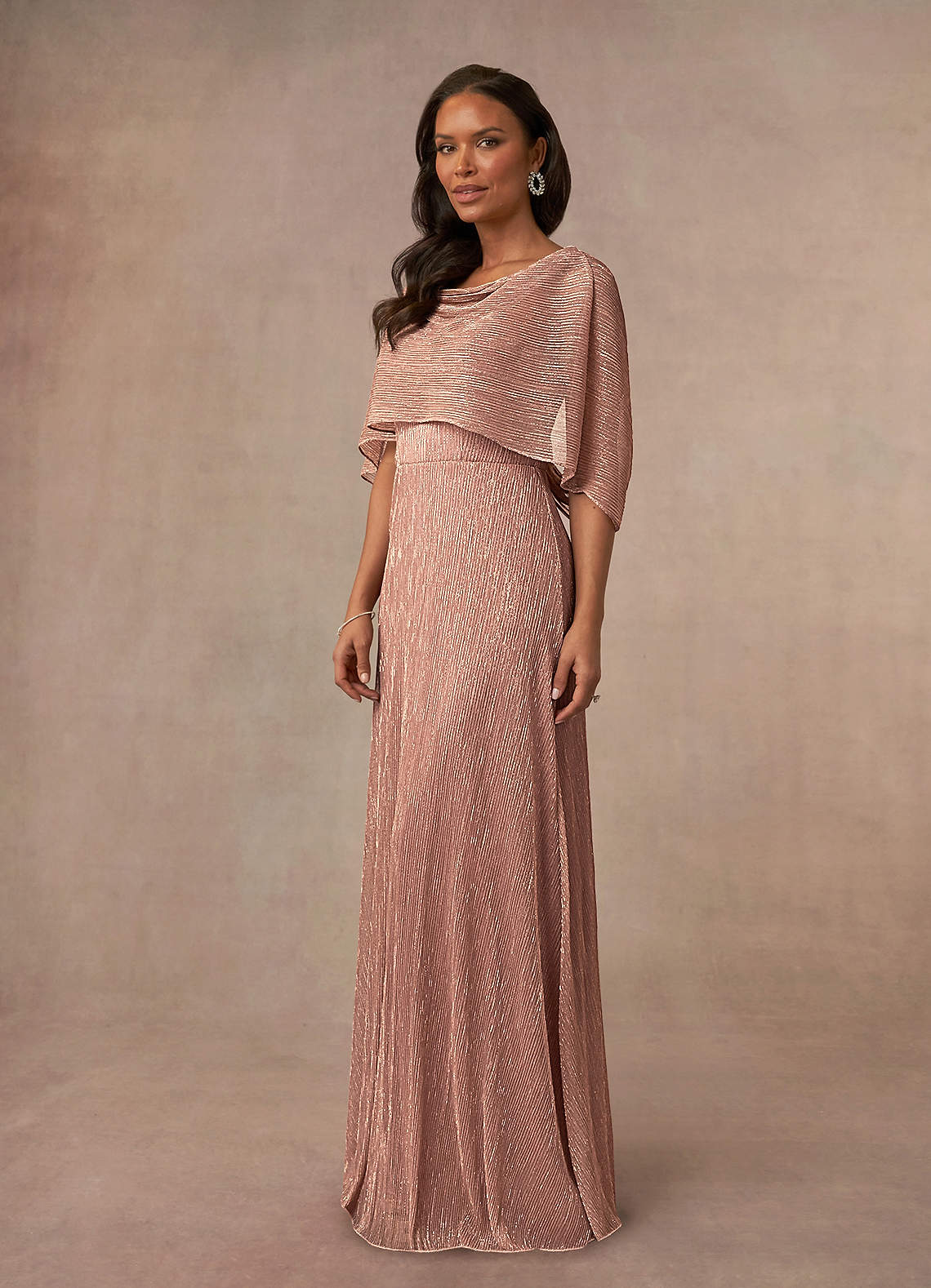 Azazie Loretta Mother of the Bride Dresses Rose Gold A-Line Cowl Cape Metallic Mesh Dress image2