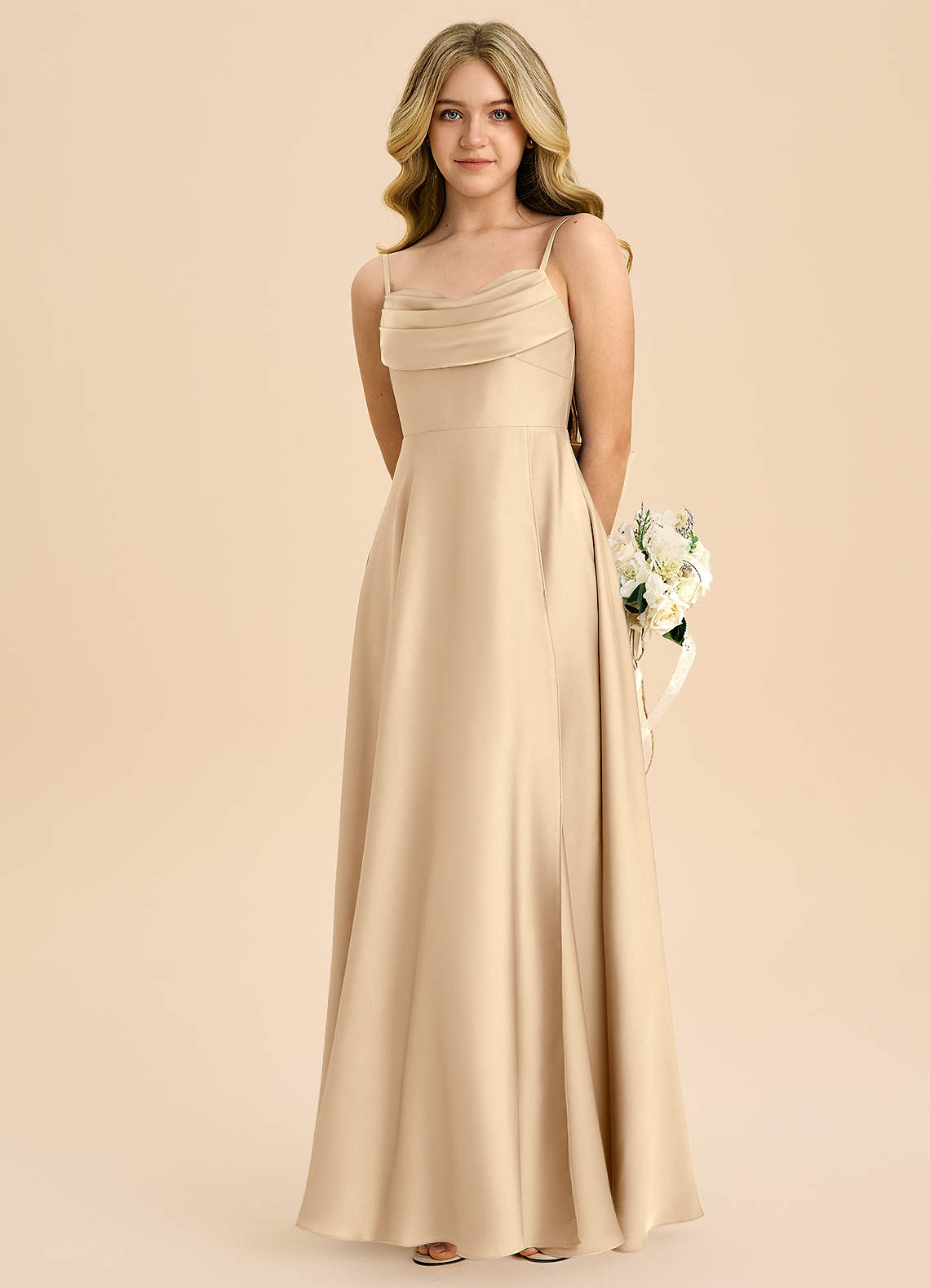 Azazie Bear Junior Champagne A-Line Sweetheart Neckline Stretch Satin Dress image5