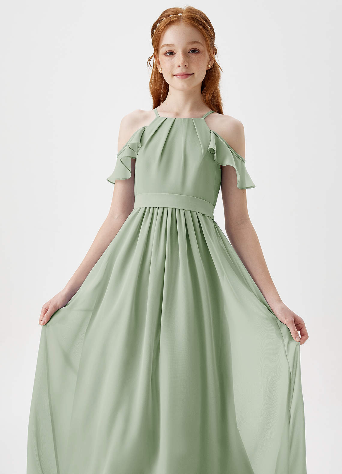 Azazie Chaya Junior Dusty Sage A-Line Off the Shoulder Chiffon Dress image1
