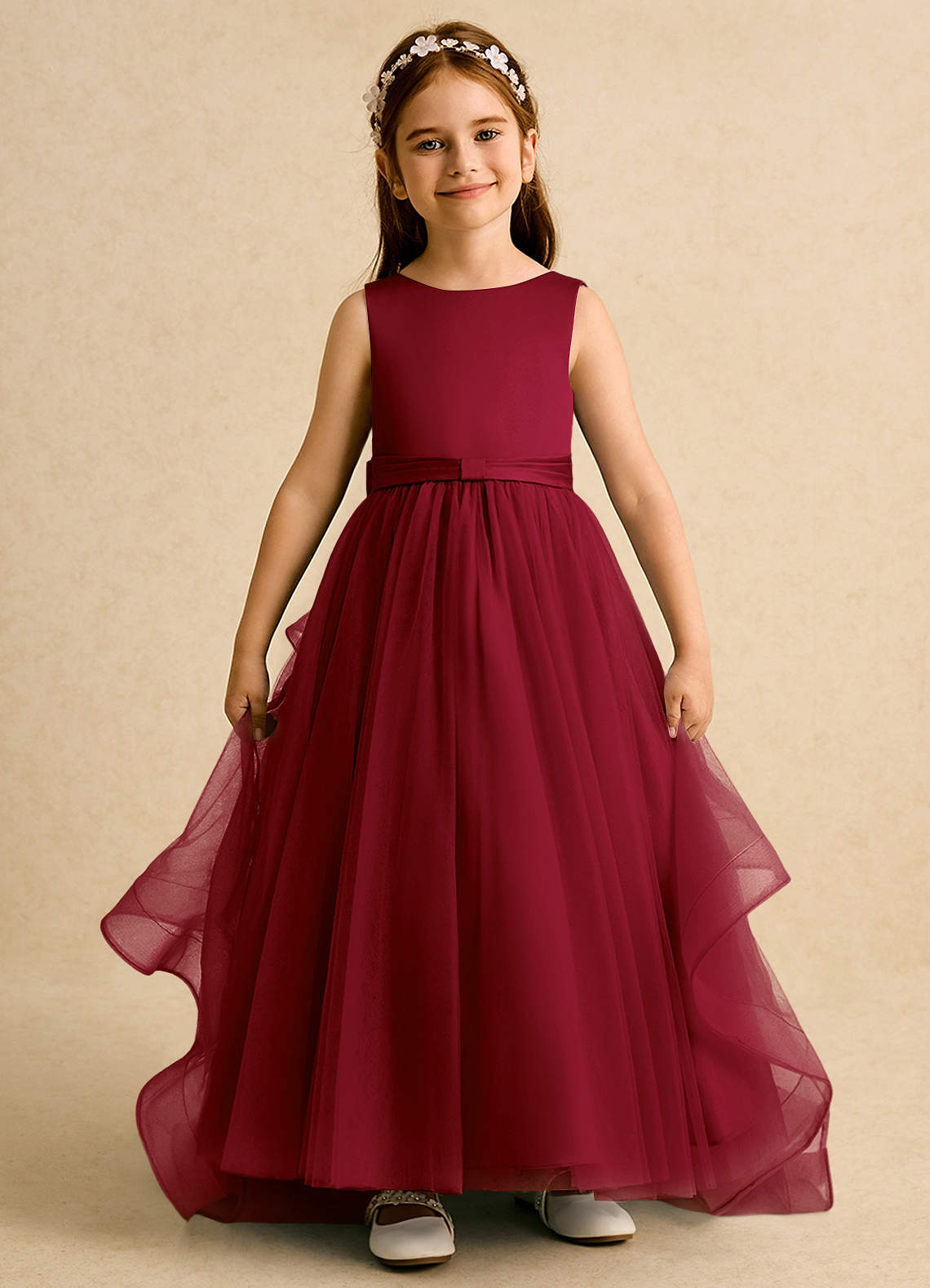 Azazie Lior Flower Girl Dresses Burgundy Ball-Gown Pleated Tulle Dress image1