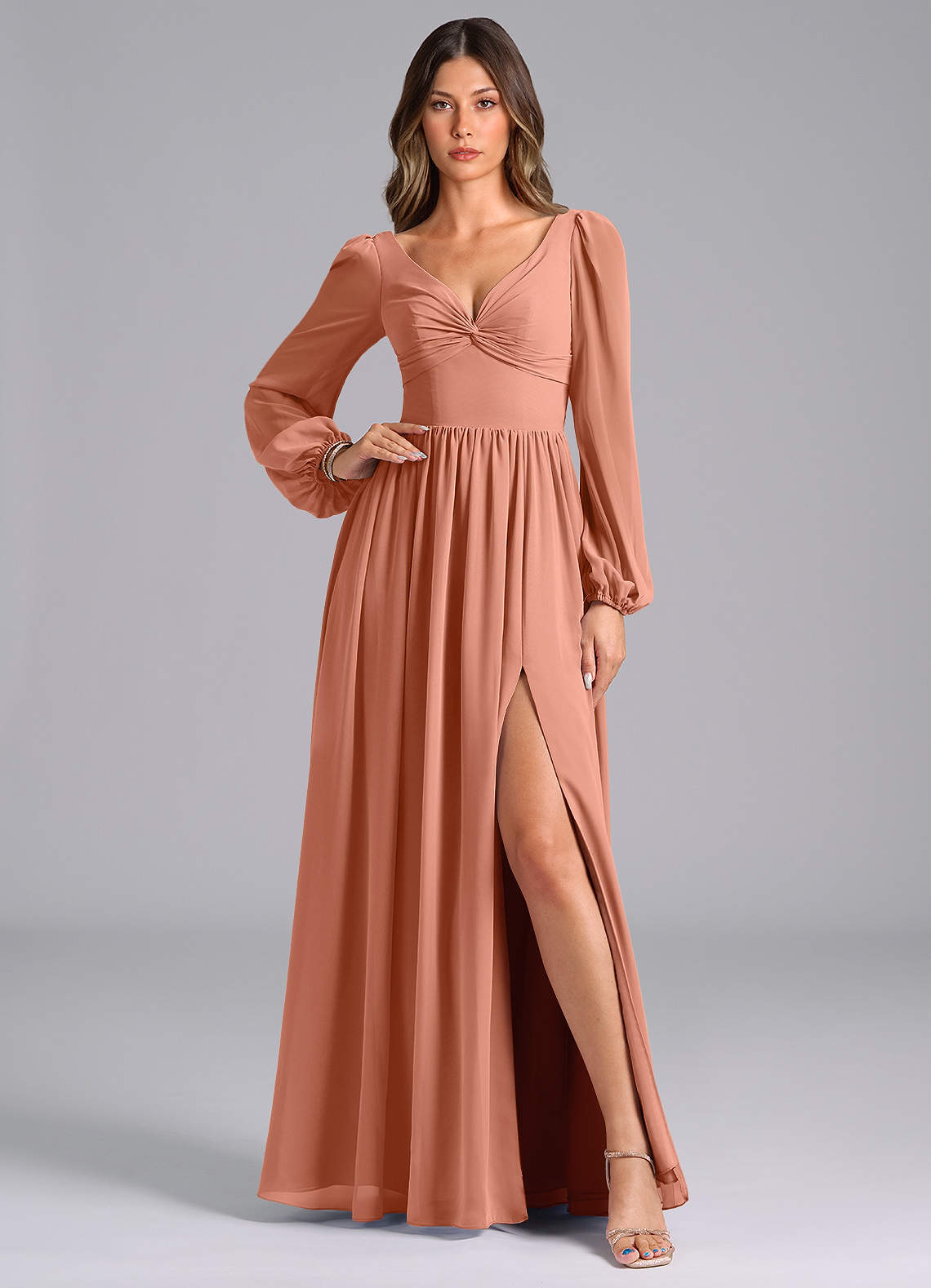 Azazie Zeya Bridesmaid Dresses MAI TAI A-Line Long Sleeve Chiffon Dress image1
