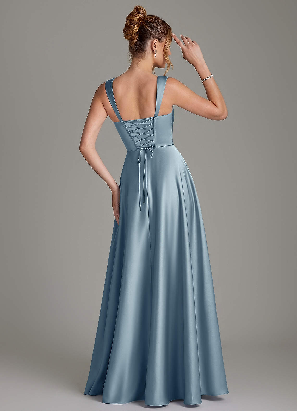 Azazie Azaria Bridesmaid Dresses Dusty Blue A-Line Corset Stretch Satin Dress image4