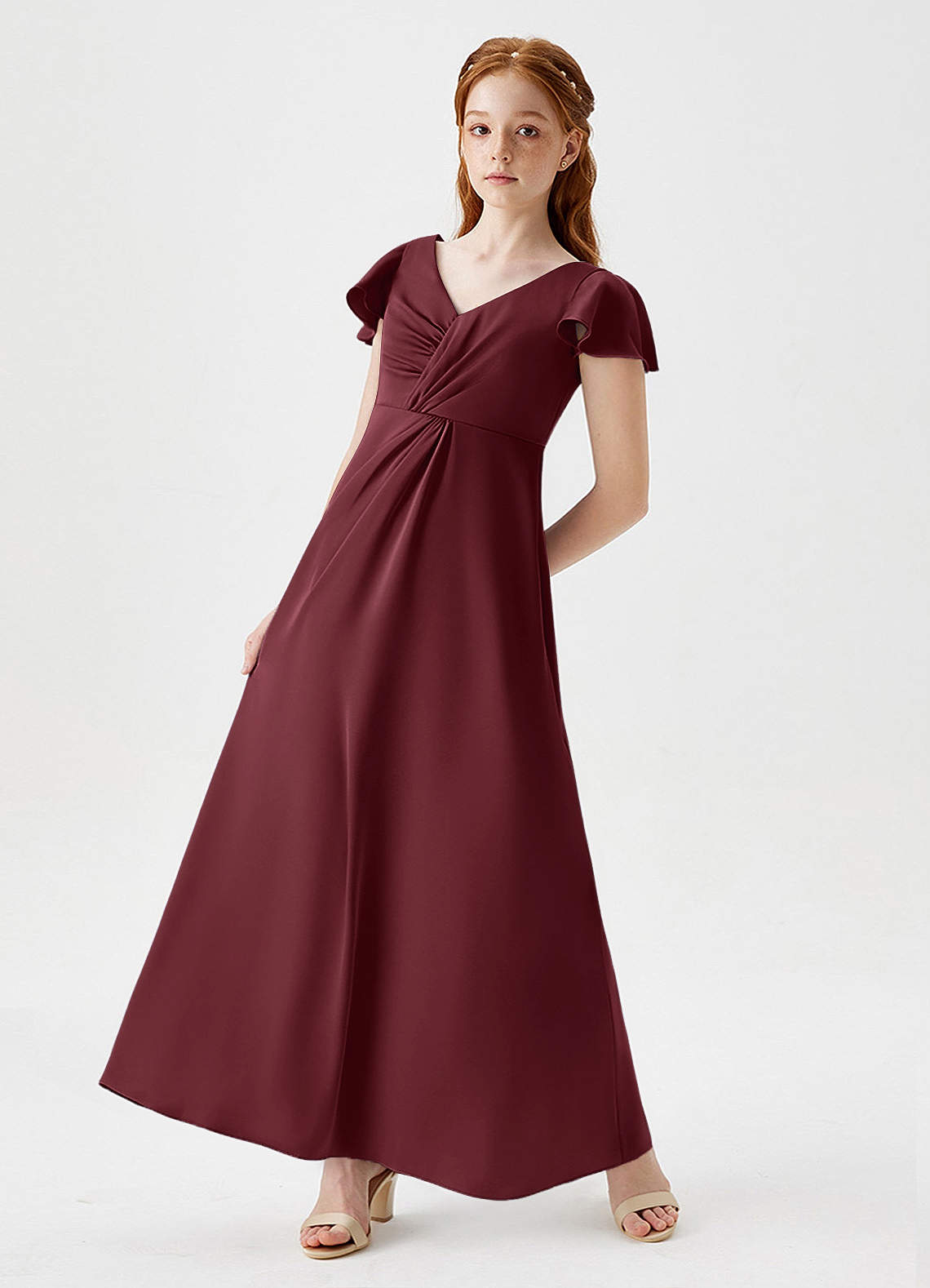 Azazie Soren Junior Abito A-Line in Raso Elasticizzato Increspato Cabernet image4