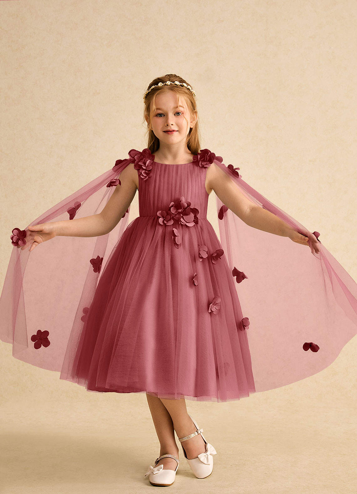 Azazie Staria Vestidos de florista Vestido Rosa Antiga de Tule de Vestido de baile com Franzido image3