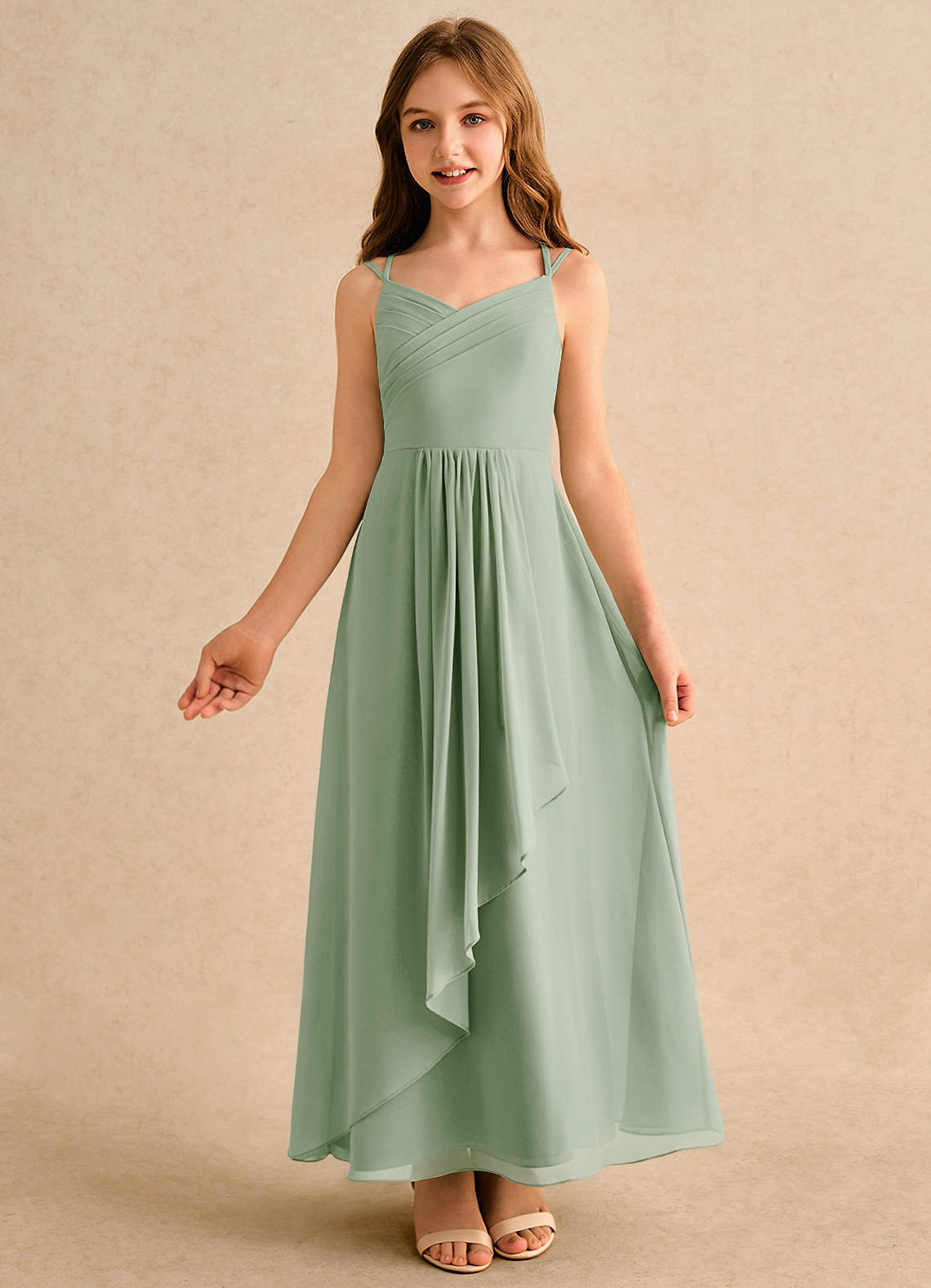 Azazie Zaida Girls Formal Dusty Sage A-Line Pleated Chiffon Dress | Azazie UK Azazie Zaida Girls Formal Dusty Sage A-Line Pleated Chiffon Dress | Azazie UK
