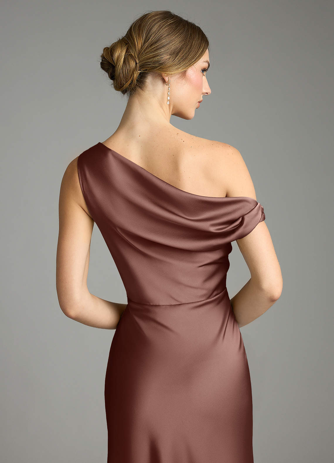 Azazie Emerson Bridesmaid Dresses Espresso Mermaid Off the Shoulder Stretch Satin Dress image6