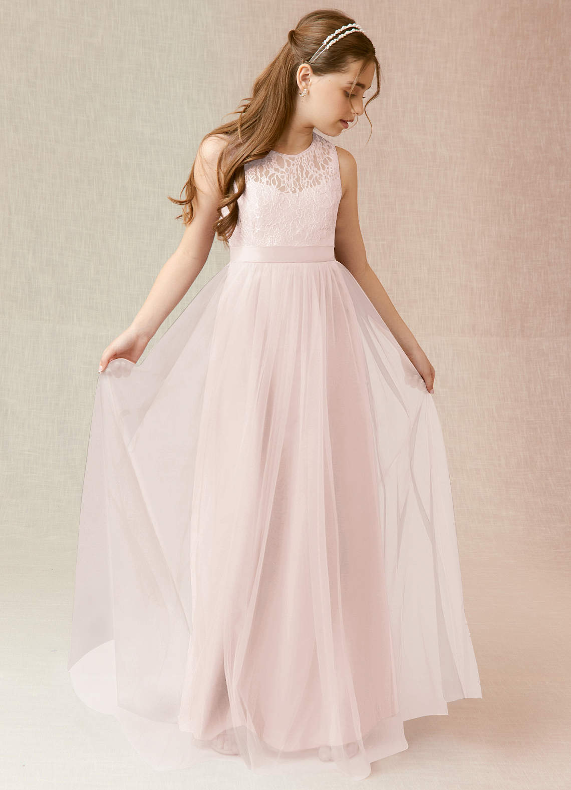 Azazie Georgette Junior Rose Petal A-Line Lace Tulle Dress image1