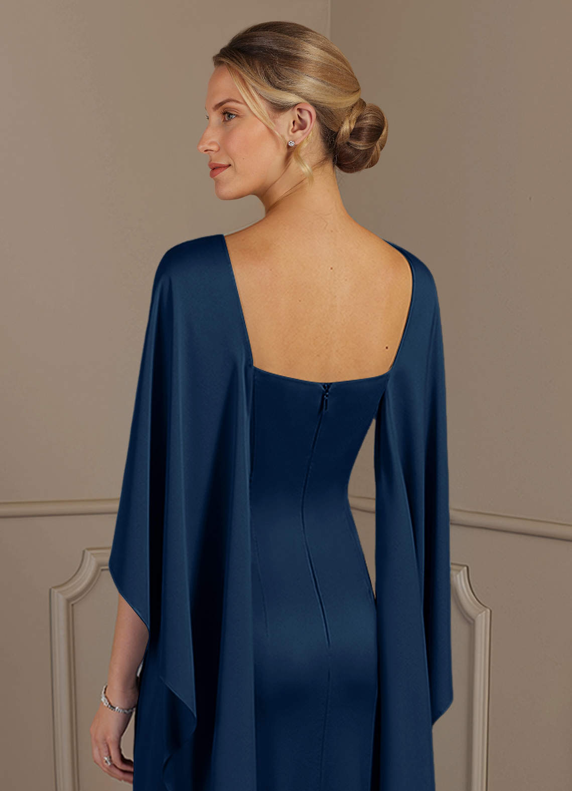 Azazie Eli Mother of the Bride Dresses Dark Navy Sheath Boatneck Stretch Satin Dress image5