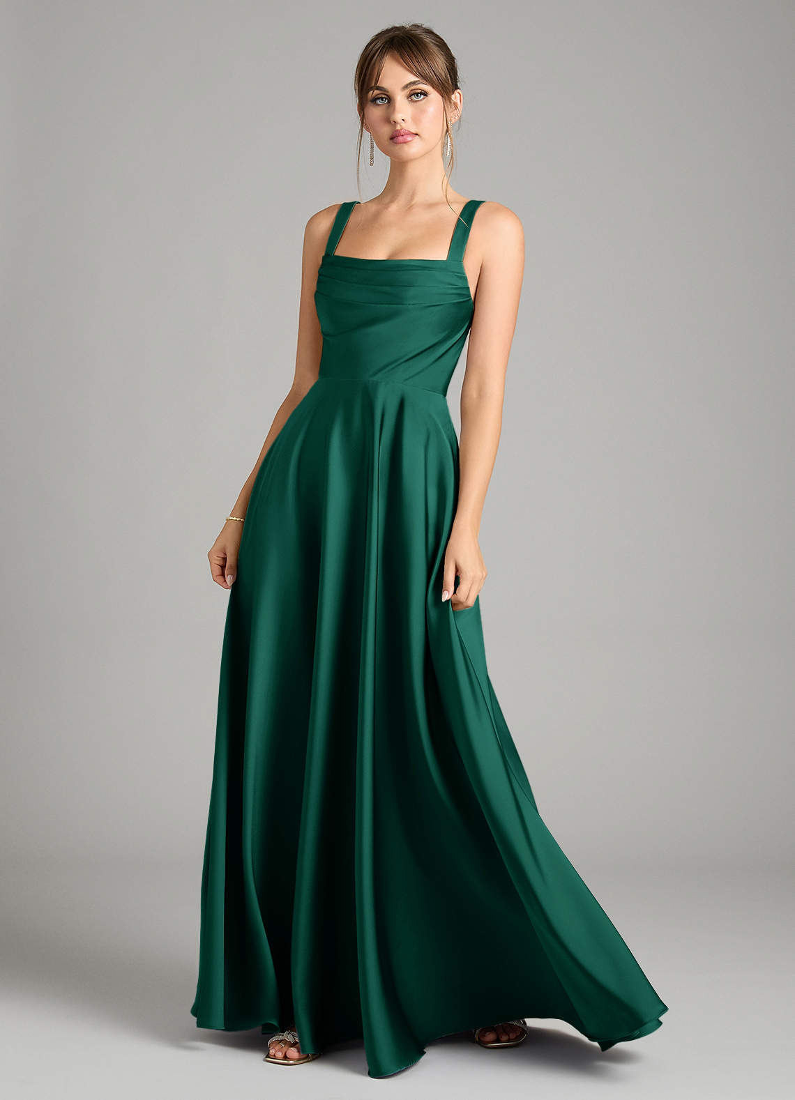 Azazie Shaude Bridesmaid Dresses Emerald A-Line Pleated Stretch Satin Dress image1