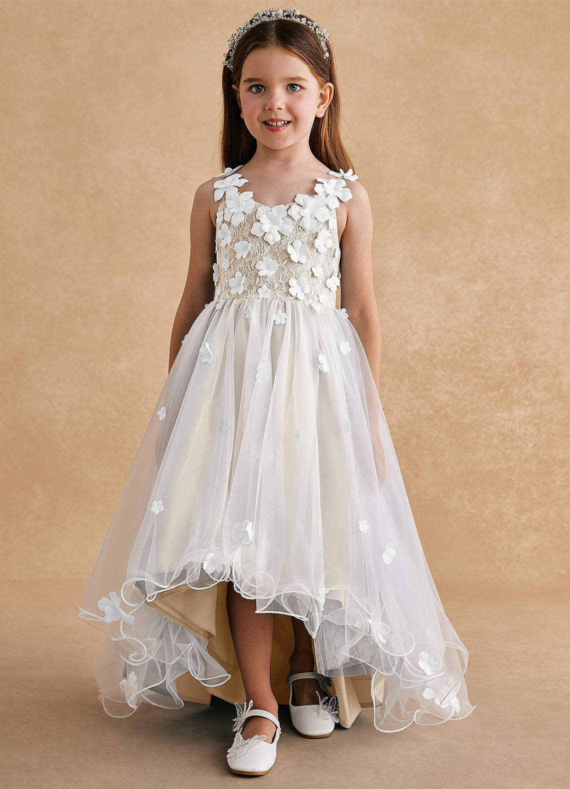 Azazie Celia Flower Girl Dresses Champagne A-Line Lace Tulle Dress image5