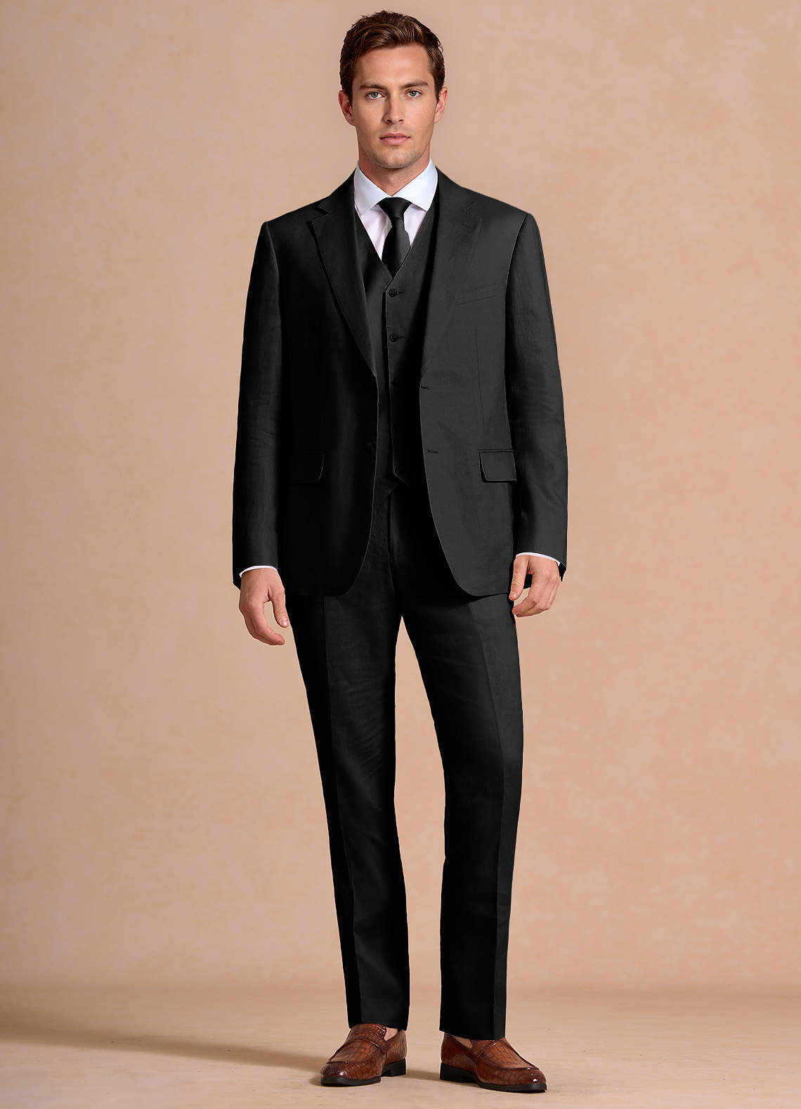 front Wesley Black Linen Blend 3-Piece Suit