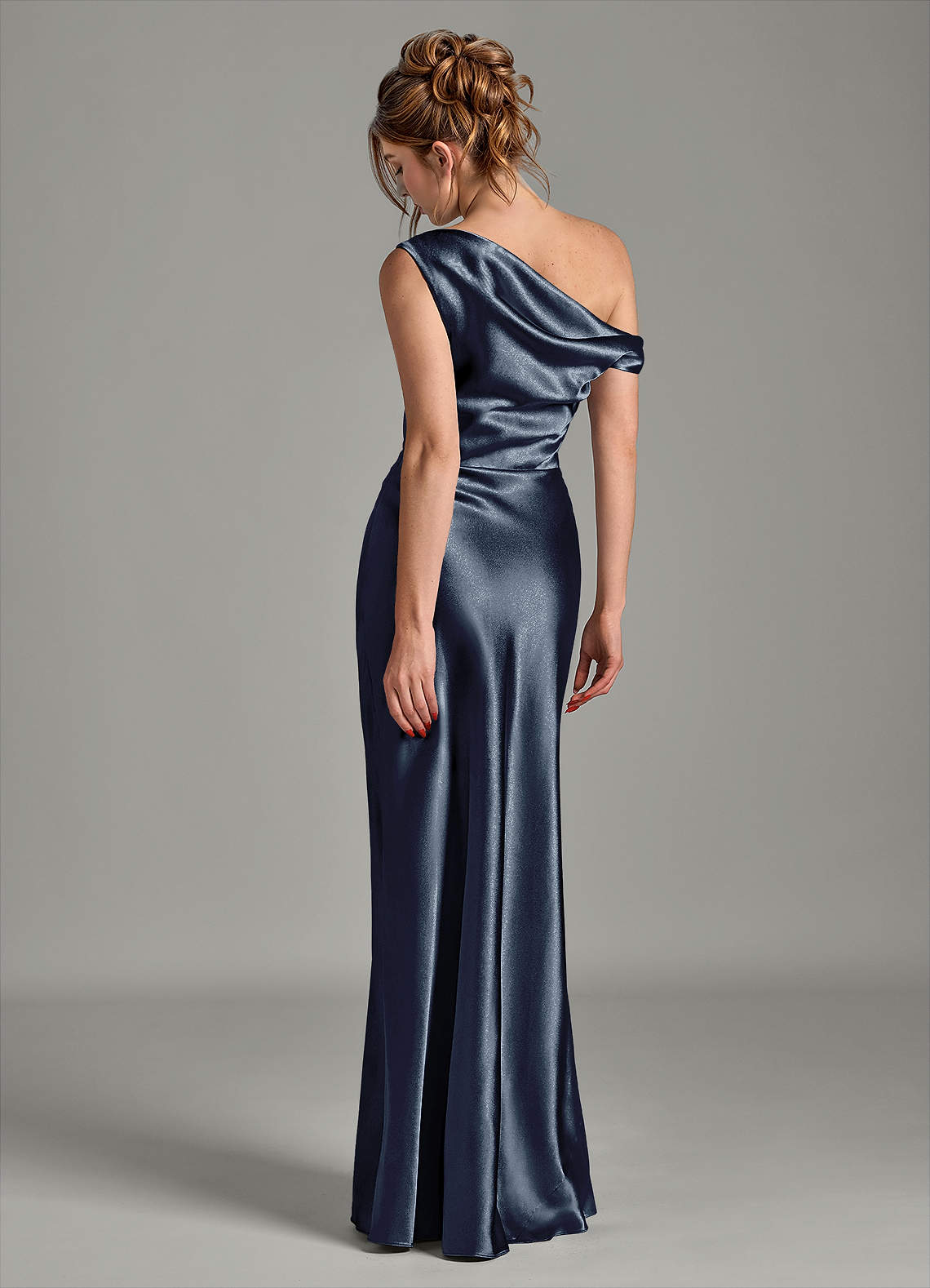 Azazie Emerson Bridesmaid Dresses Dark Navy Mermaid Off the Shoulder Metallic Satin Dress image1