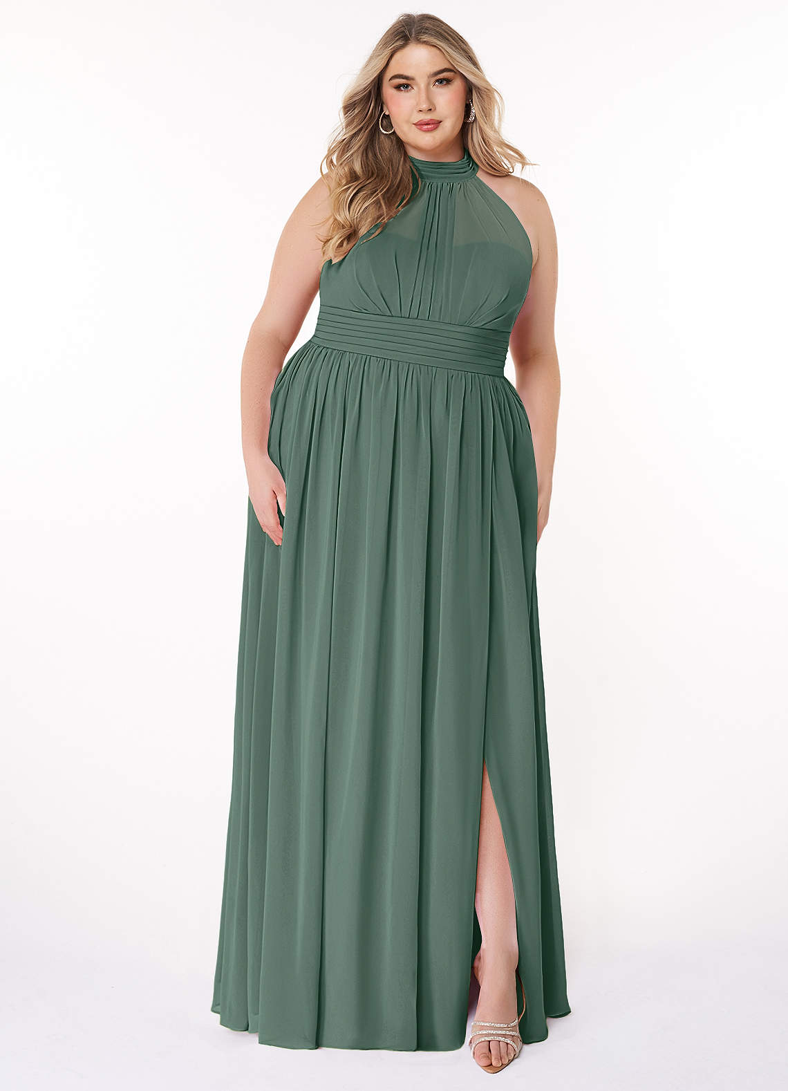 Azazie Iman Vestidos de damas de honor Vestido de Musgo Marino de Gasa de Línea A con Línea A fruncida image1