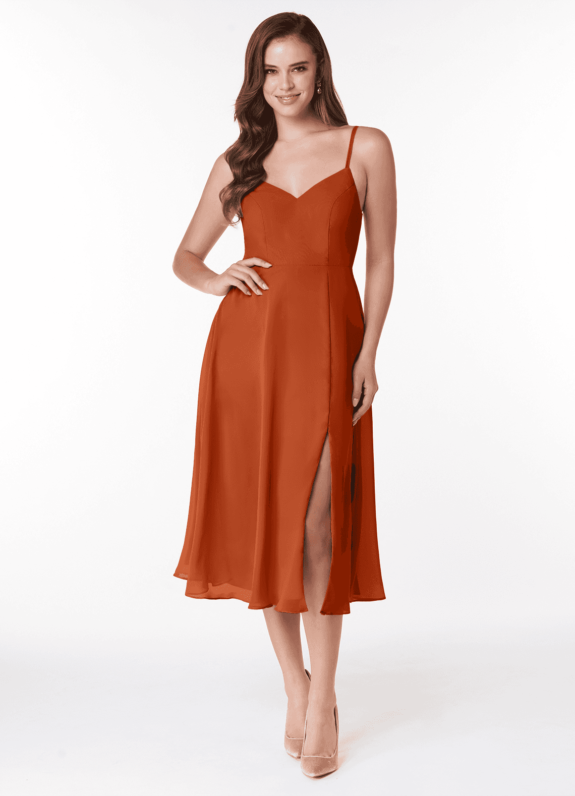 Azazie Clarissa Bridesmaid Dresses Burnt Orange A-Line V-Neck Chiffon Dress image1