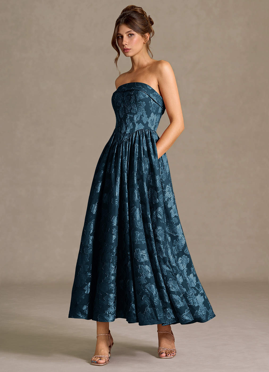 Azazie Strapless A-Line Maxi Dresses in Navy