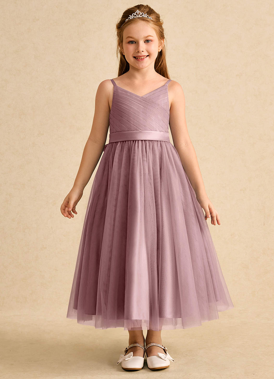 Azazie Patootie vestidos de niña de las flores Vestido de Rosa Polvorienta de Tul de Corte En A con Tirante Espagueti image1