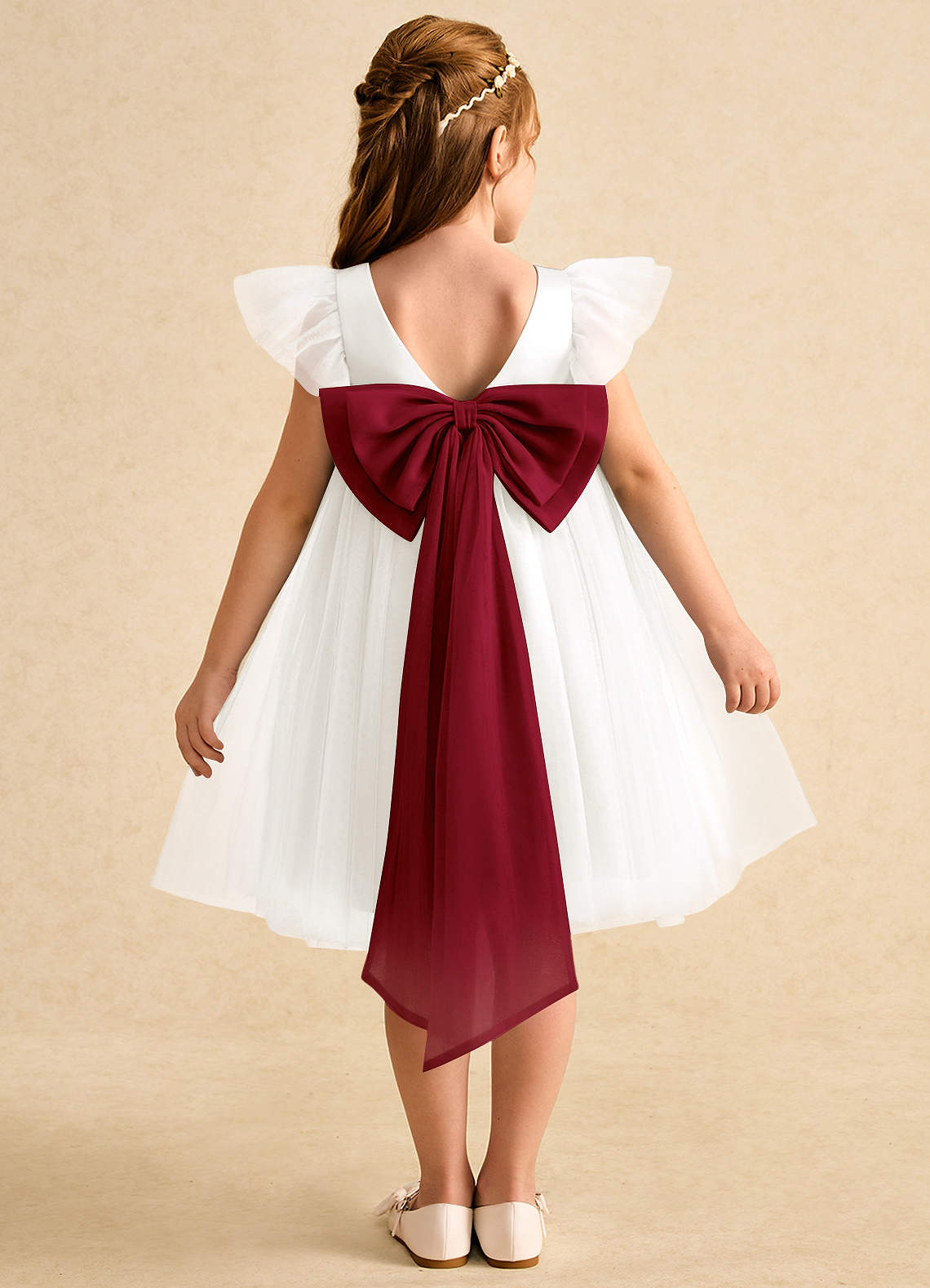 Azazie Munchkin Flower Girl Dresses Ivory Burgundy A-Line Bow Tulle Dress image1