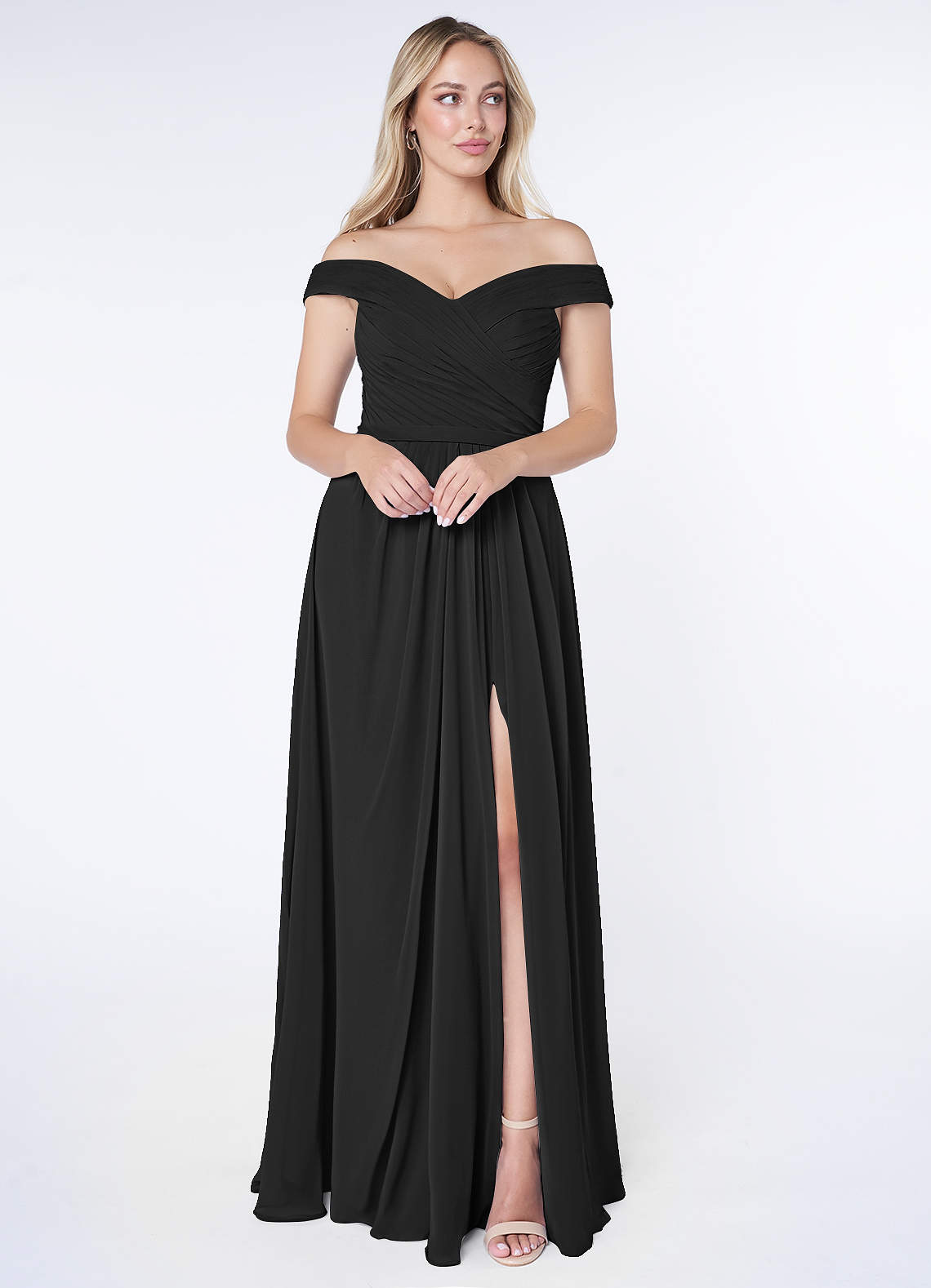 Azazie Audrianna Brautjungfernkleider Wandelbar A-Linie Schulterfrei gerafft Chiffon Kleid Schwarz image1