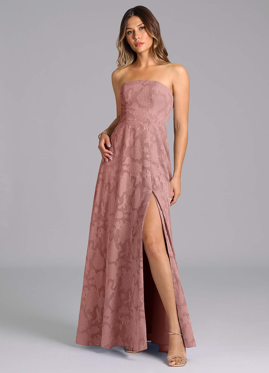 Azazie Wren At-home Try On Dresses Dusty Rose A-Line Strapless Floral Burnout Dress image2