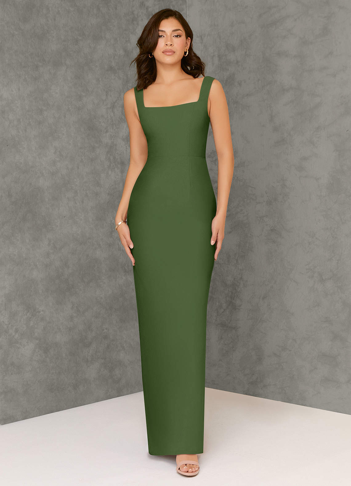 olive green square neck dress Olive Green Straps Square Neckline Sleeveless Formal Dresses main image 0