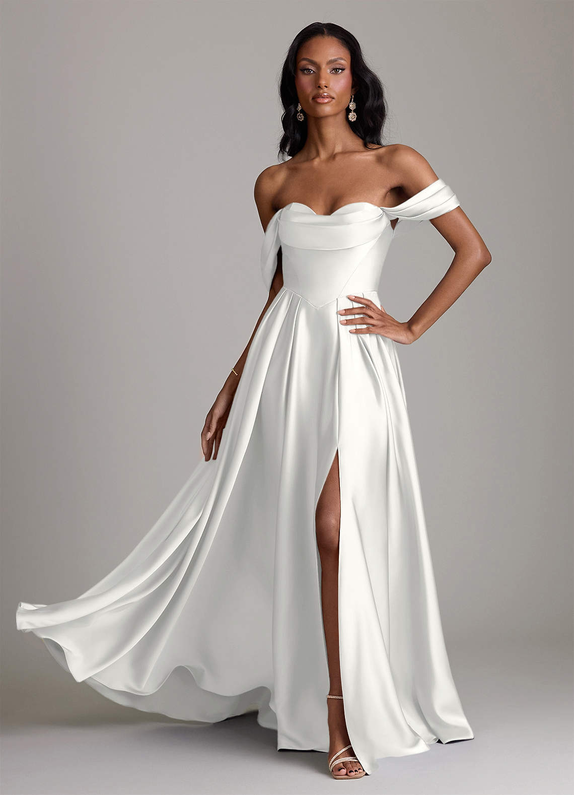 off-the-shoulder satin a-line bridesmaid dress Ladivine 7493 - Long A-Line Dress