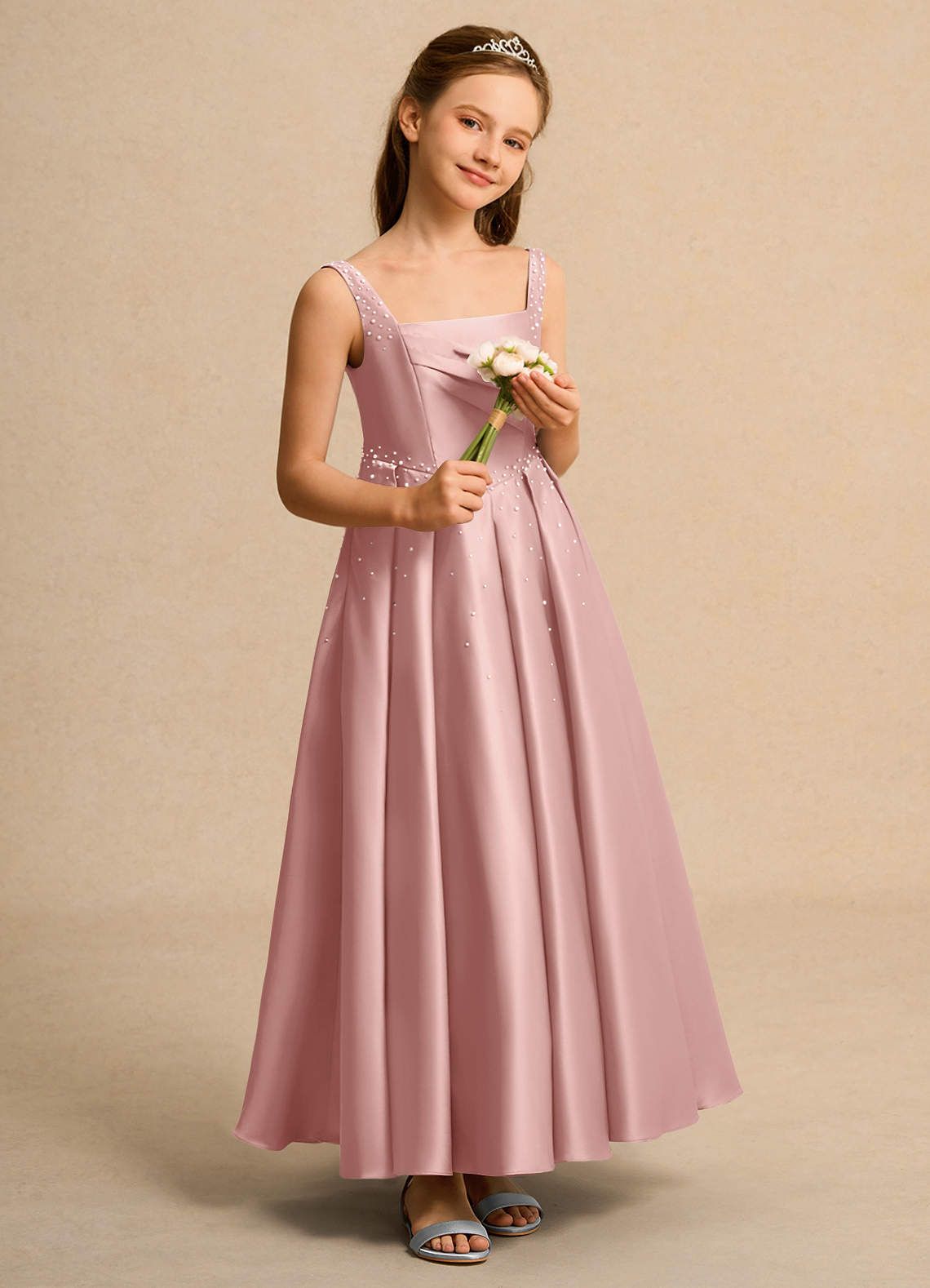 Azazie Ball-Gown Square Neck Ankle-Length Matte Satin Flower Girl Dresses - Rose Gold