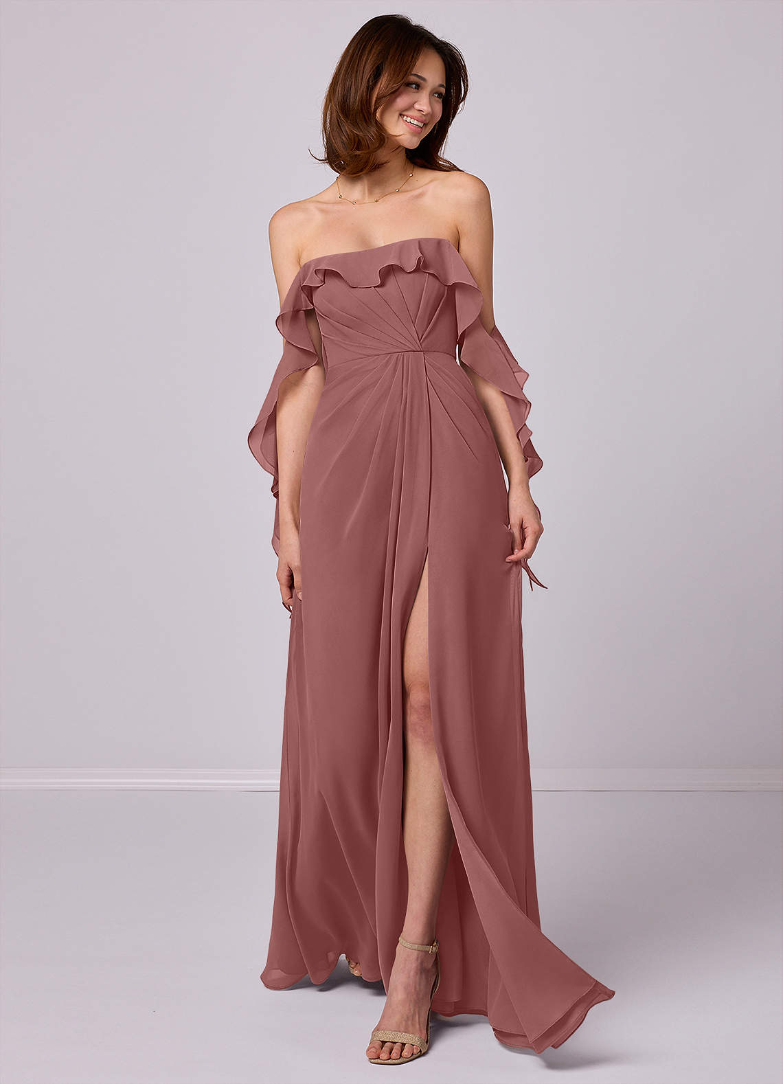 Barbie ♥ Azazie Bridesmaid Dresses Desert Rose A-Line Off the Shoulder Chiffon Convertible Dress image1
